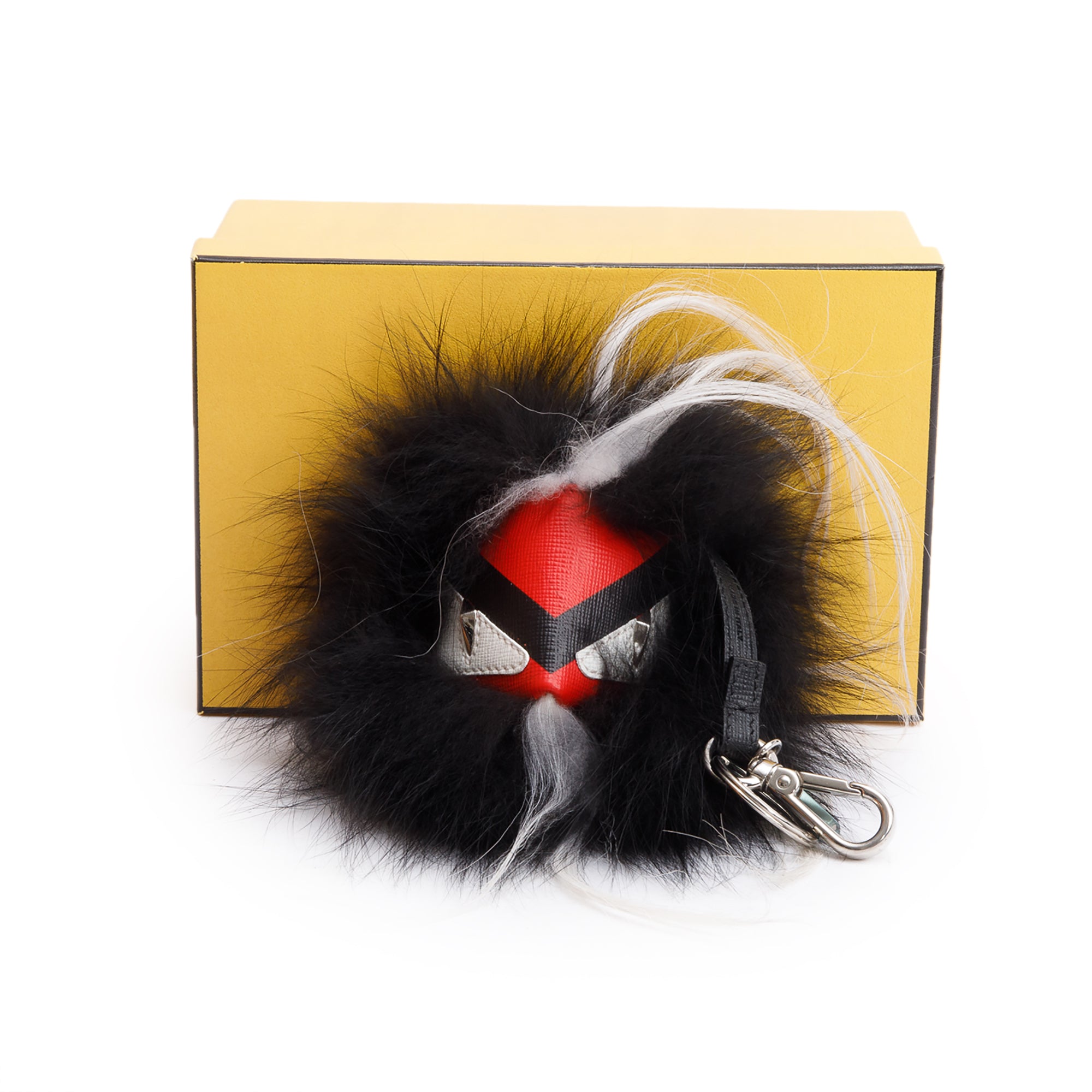 Fendi Black/Red/White Leather Monster Eye Mink Fox Fur Bag Charm w/ Box