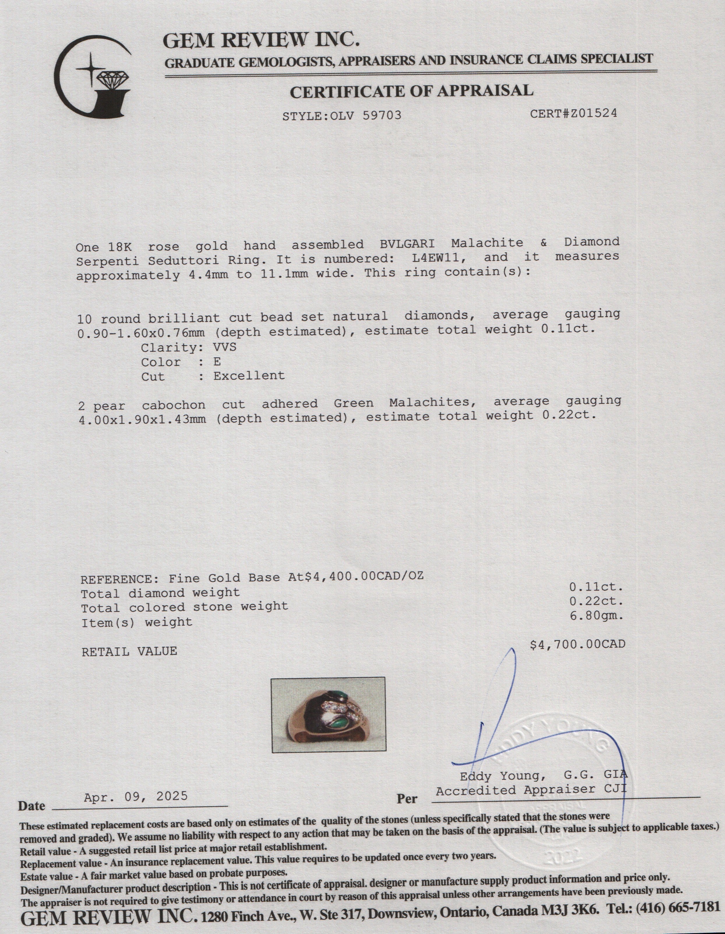 BVLGARI 18k Rose Gold Malachite & Diamond Serpenti Seduttori Ring, Size 5.5 w/ Box & Certificate