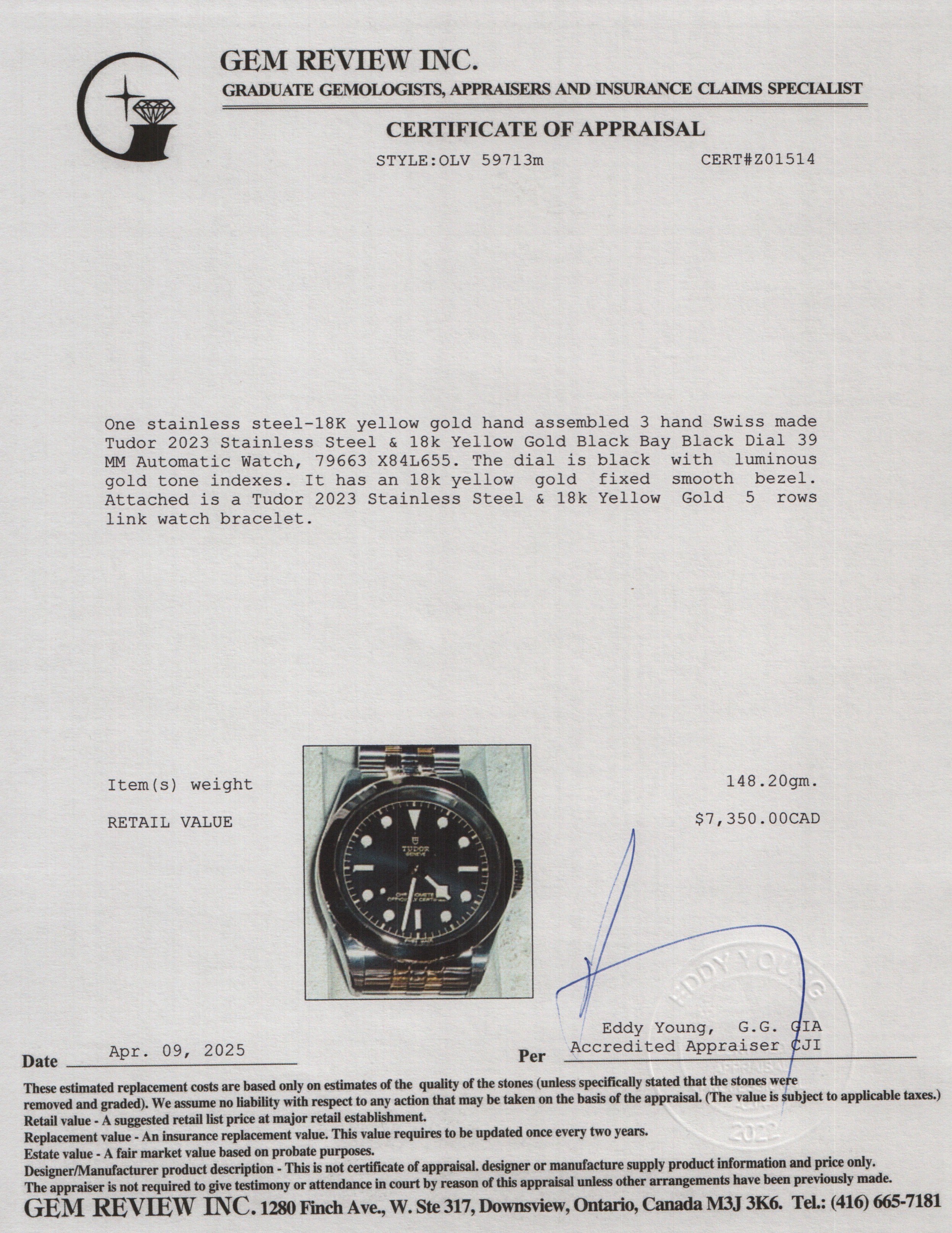 Tudor 2023 Stainless Steel & 18k Yellow Gold Black Bay Black Dial 39 MM Automatic Watch 79663 w/ Box & Papers