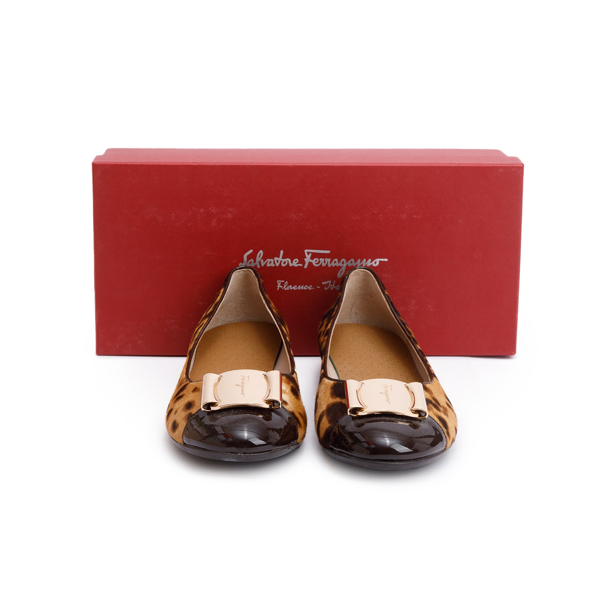 Salvatore Ferragamo Brown Loepard Print Pony Hair Vara Bow Flats, Size 9 w/ Box