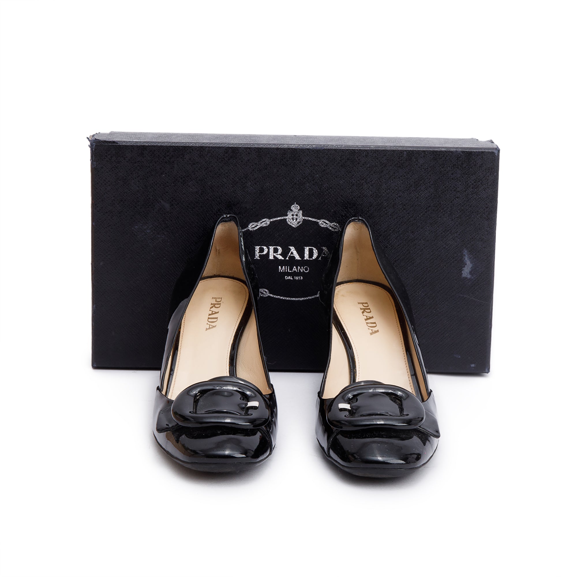 Prada Black Vernis Leather Buckle Accent Pump Shoes, Size 39 w/ Box