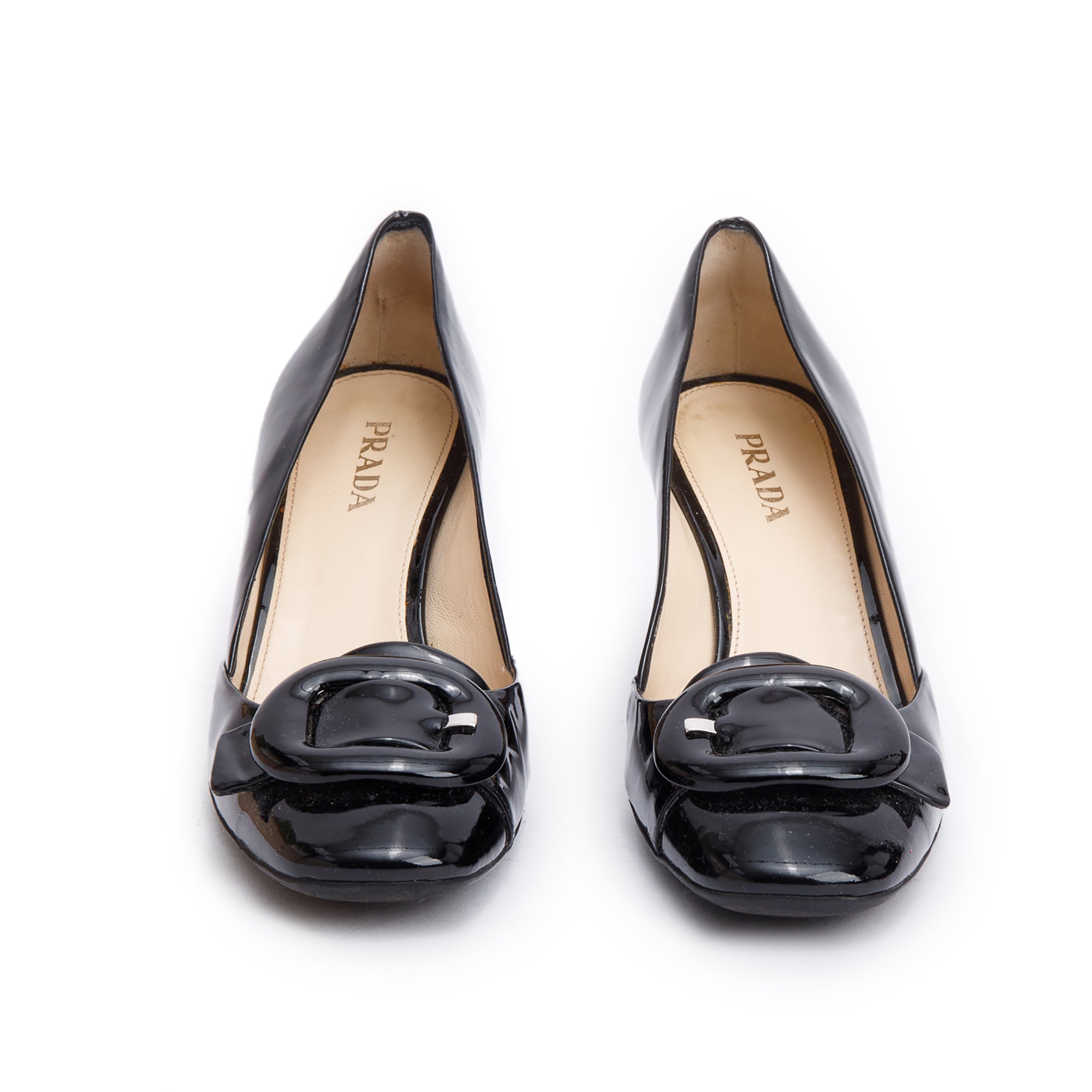 Prada Black Vernis Leather Buckle Accent Pump Shoes, Size 39 w/ Box