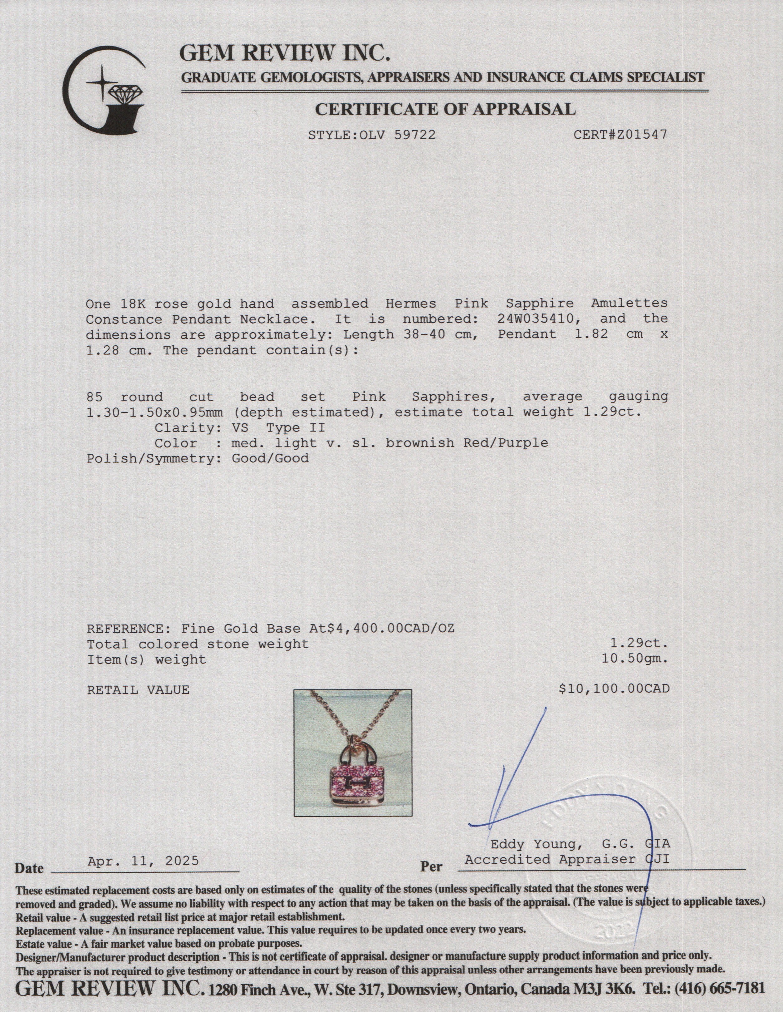 Hermes 2024 18k Rose Gold Pink Sapphire Amulettes Constance Pendant Necklace w/ Box & Certificate