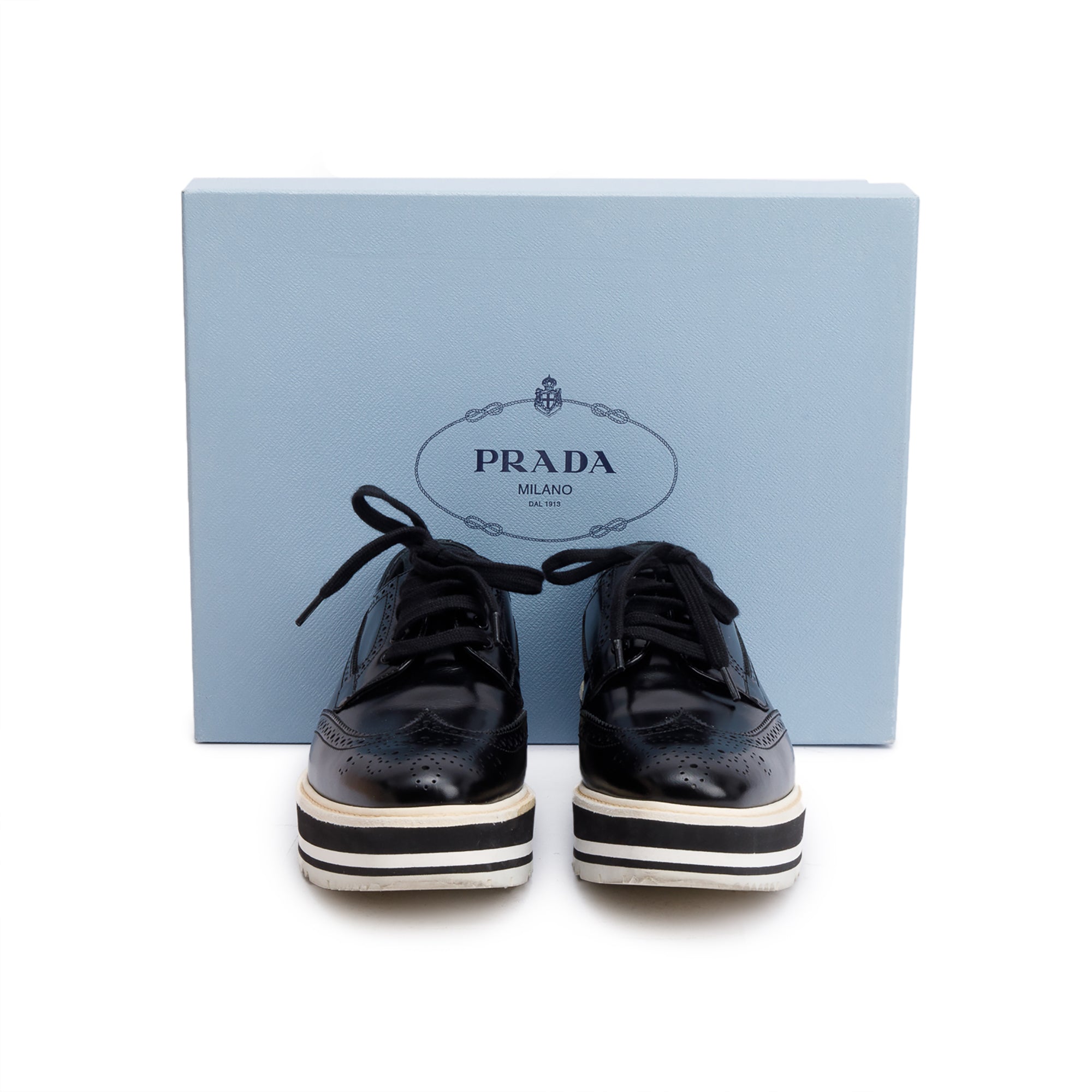 Prada Black Spazzolato Leather Eyelet Trim Laced Oxford Shoes, Size 7.5 w/ Box