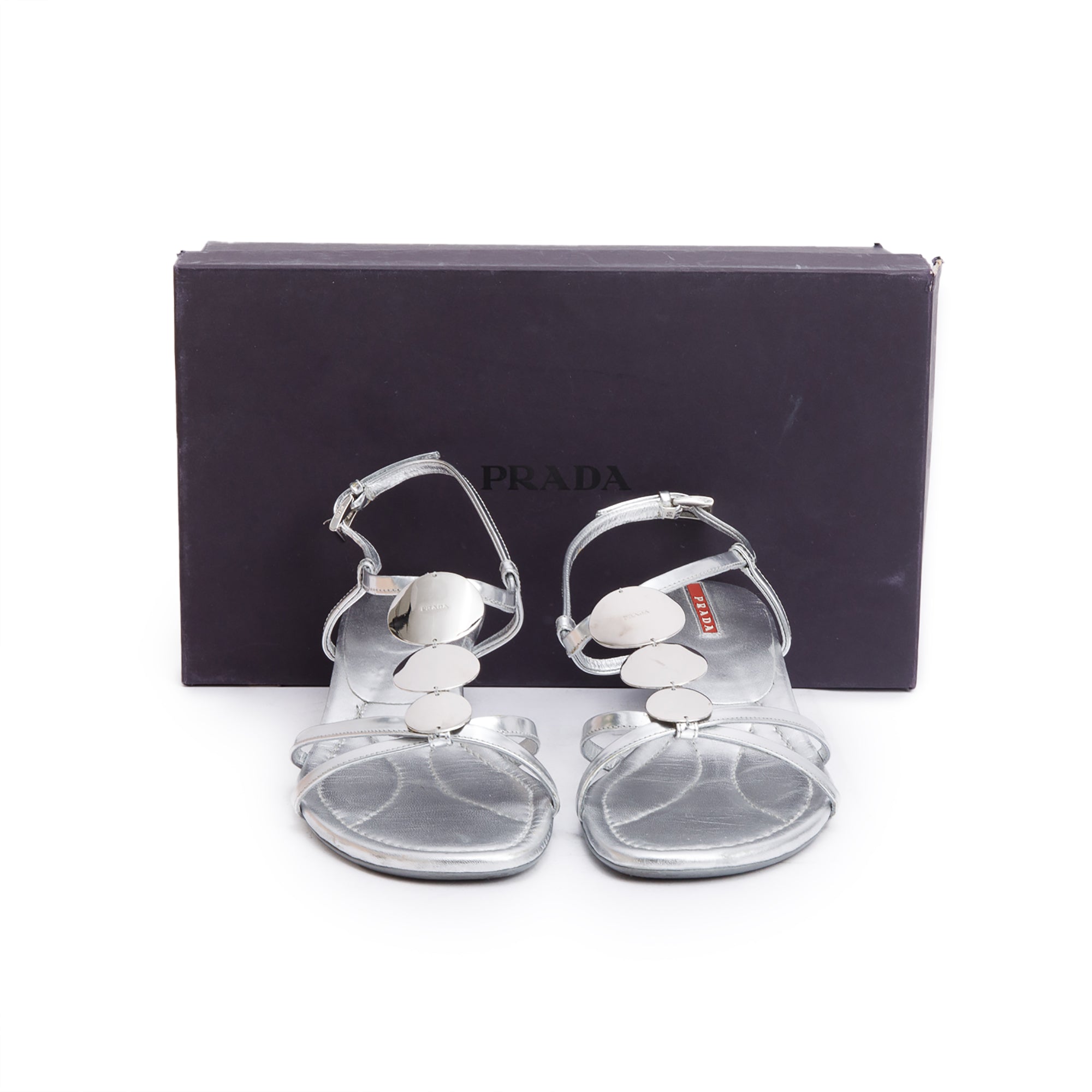 Prada Silver Patent Leather Sling Back Sandals, Size 39 w/ Box