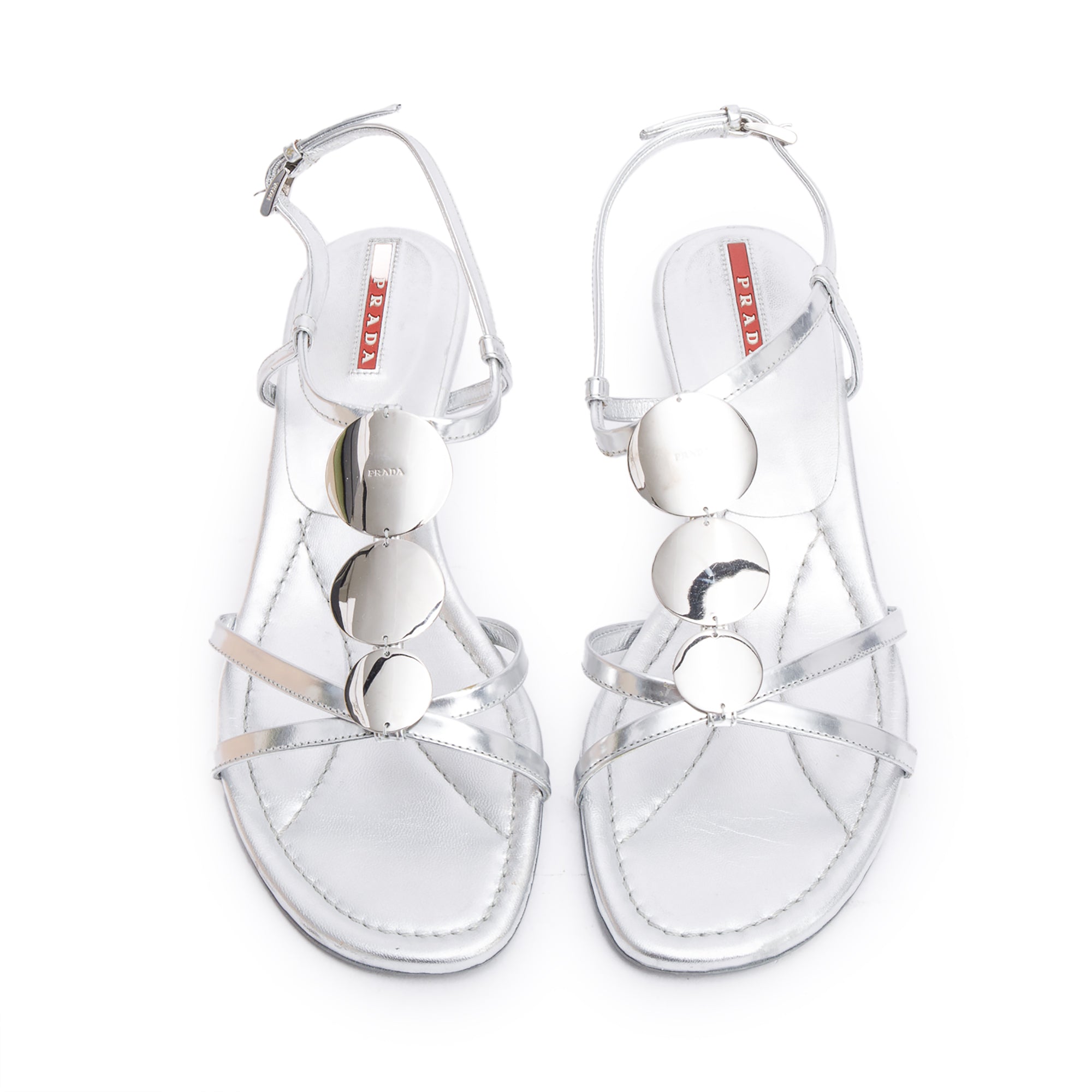 Prada Silver Patent Leather Sling Back Sandals, Size 39 w/ Box