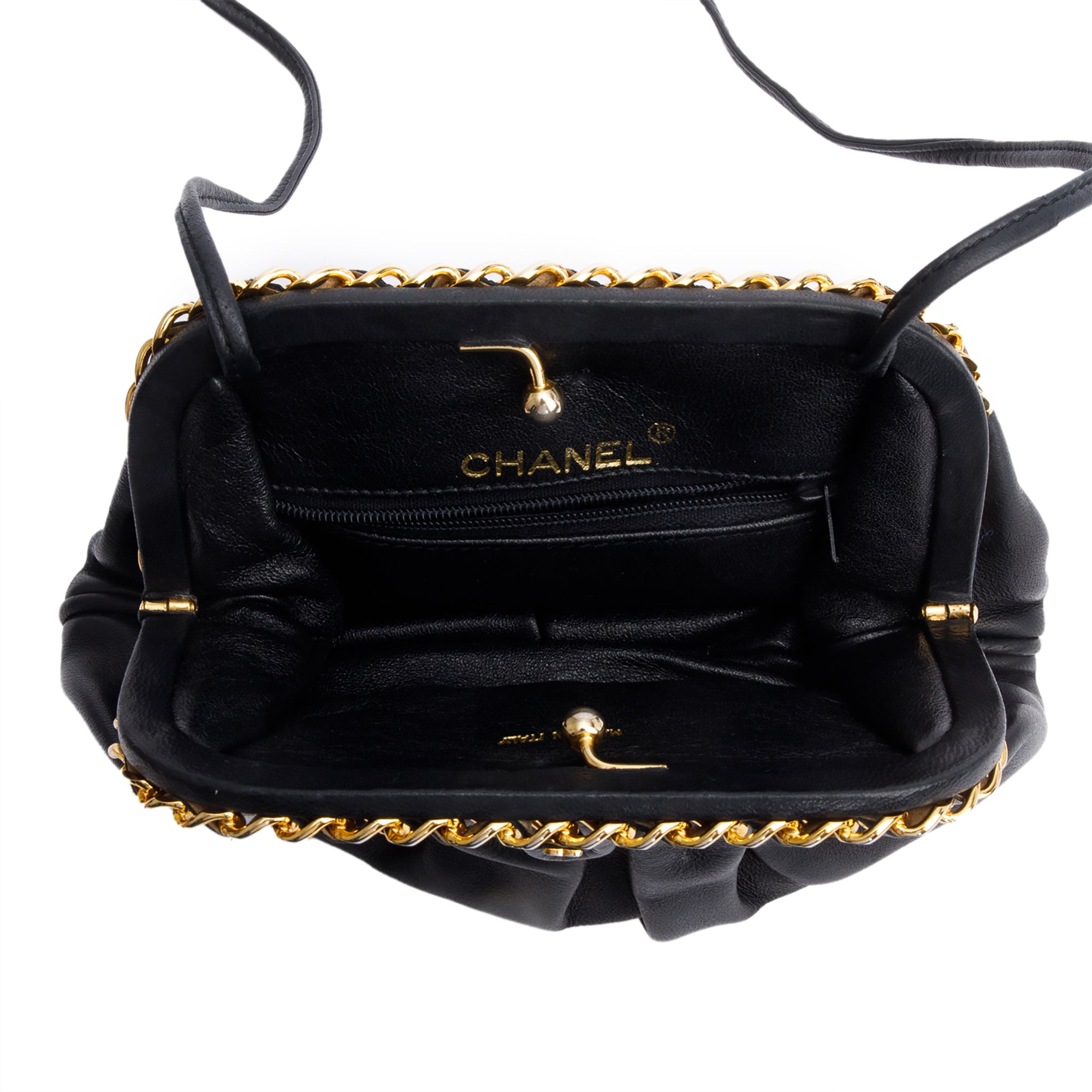Chanel Black Lambskin Leather Chain-Link Frame Clutch Crossbody