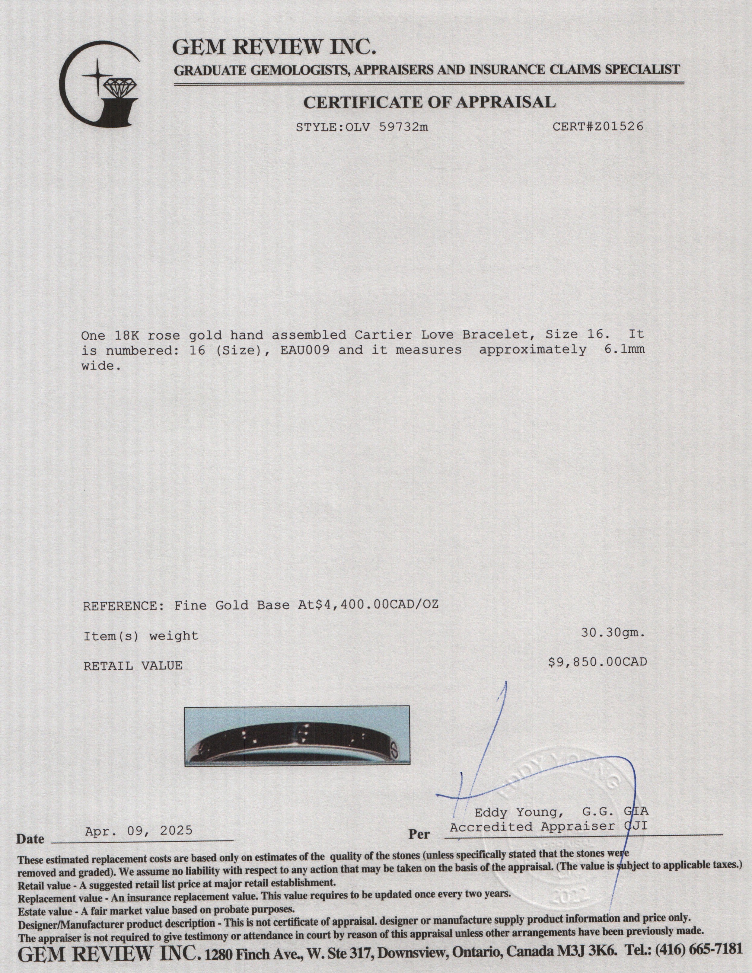 Cartier 18k Rose Gold Love Bracelet, Size 16 w/ Box, Receipt & Certificate