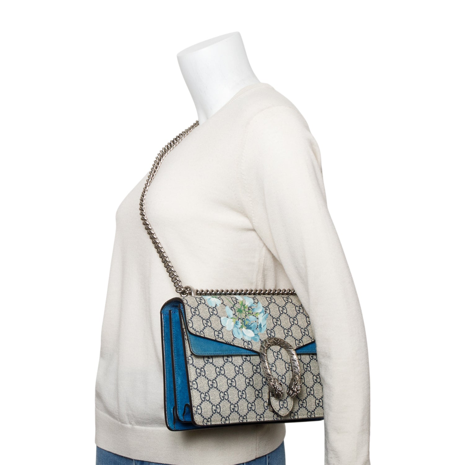 Gucci GG Supreme Blue Suede Blooms Small Dionysus Shoulder Bag