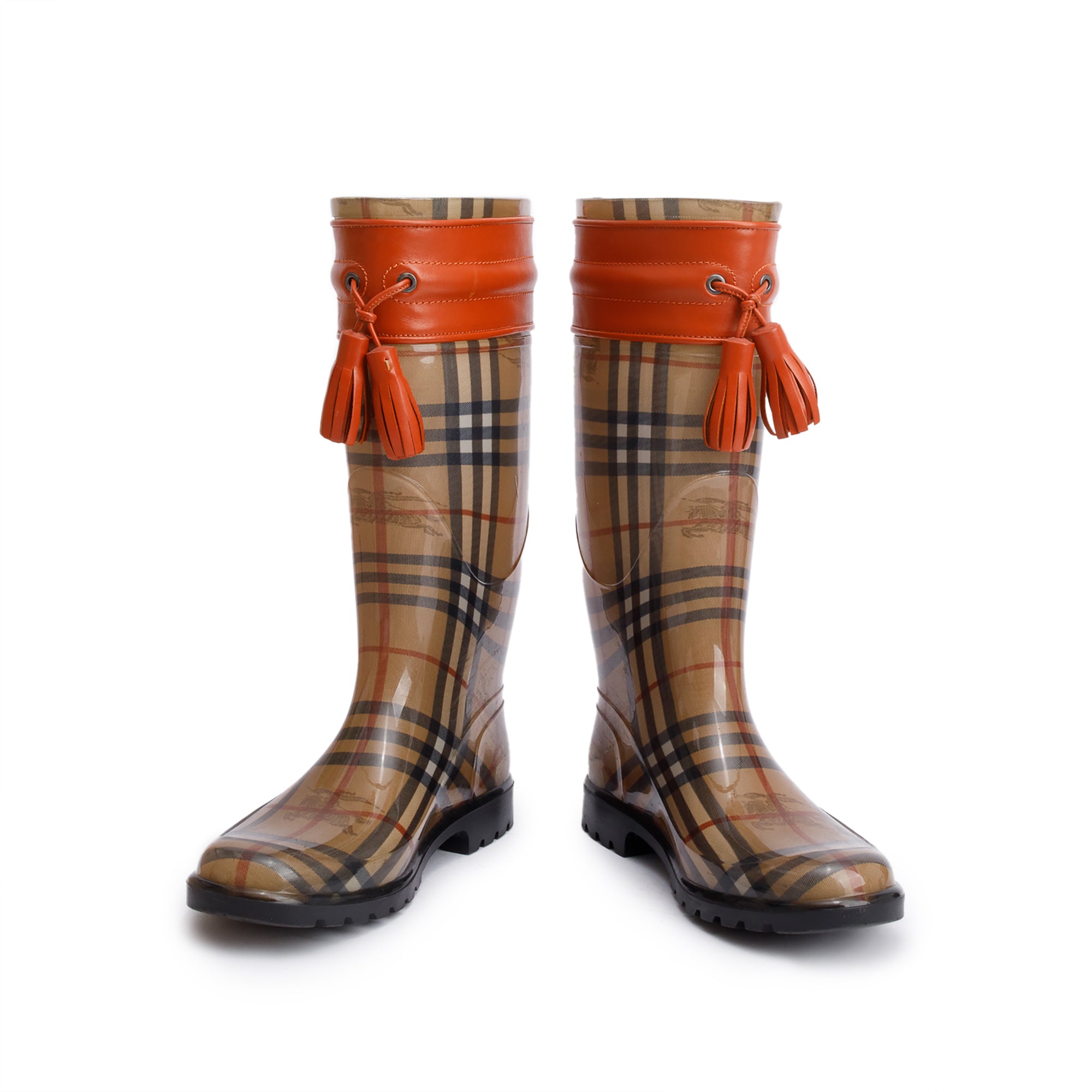 Burberry Wharton Haymarket Check Rubber Tassel Rain Boots, Size 38 w/ Box