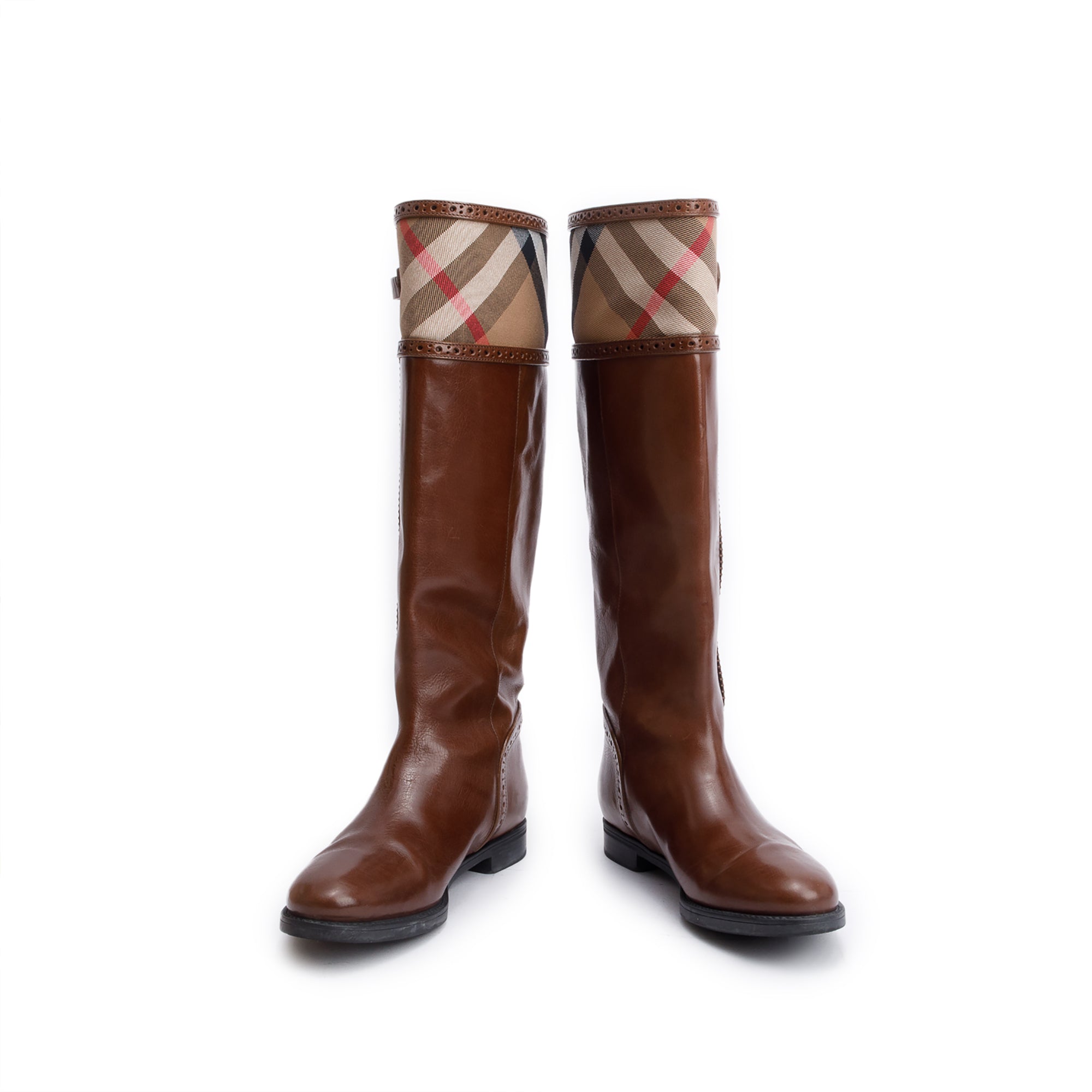 Burberry Brown Bridle Brogue House Check Colville High Boots, Size 38.5 w/ Box