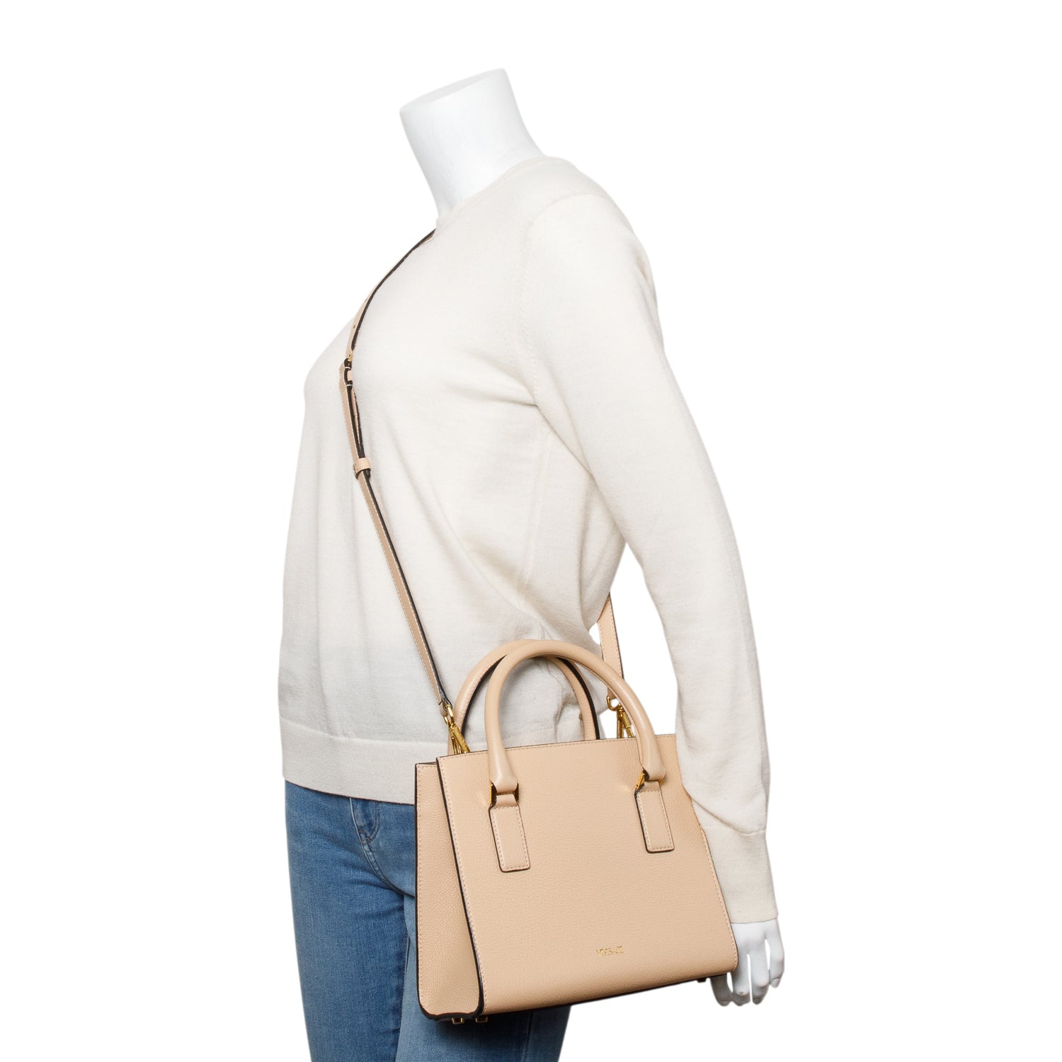 Versace Beige Grained Leather Virtus Small Top Handle Bag w/ Strap & Authenticity Card