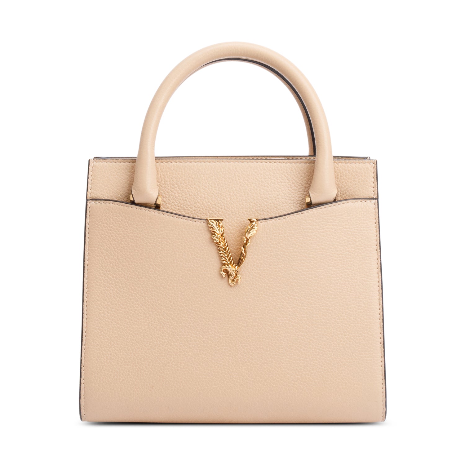 Versace Beige Grained Leather Virtus Small Top Handle Bag w/ Strap & Authenticity Card