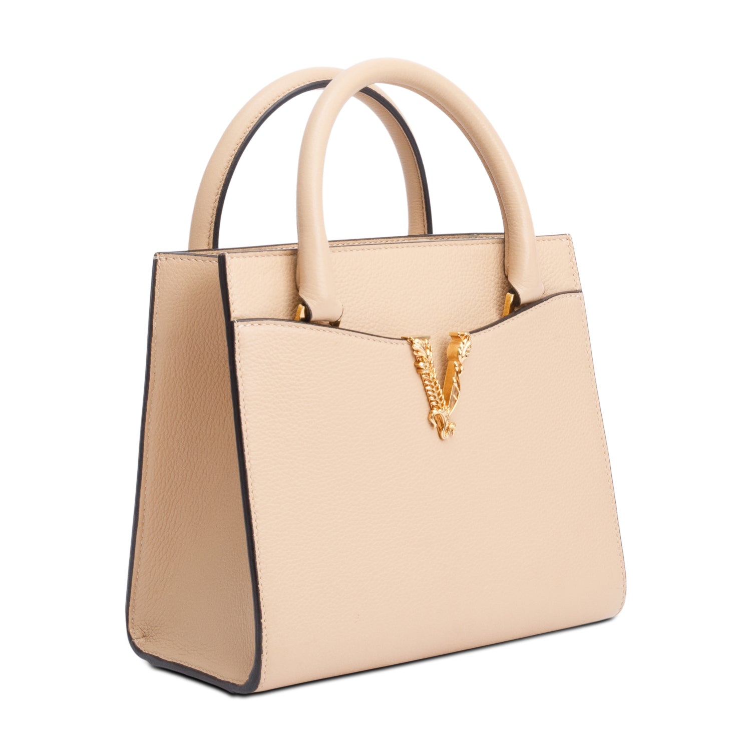 Versace Beige Grained Leather Virtus Small Top Handle Bag w/ Strap & Authenticity Card