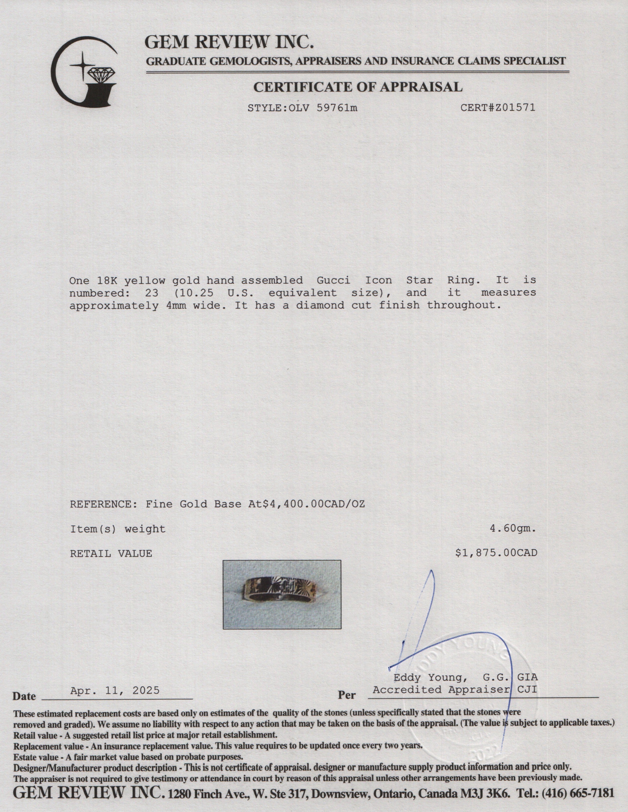 Gucci 18k Yellow Gold Icon Star Ring, Size 23 10.25 w/ Box