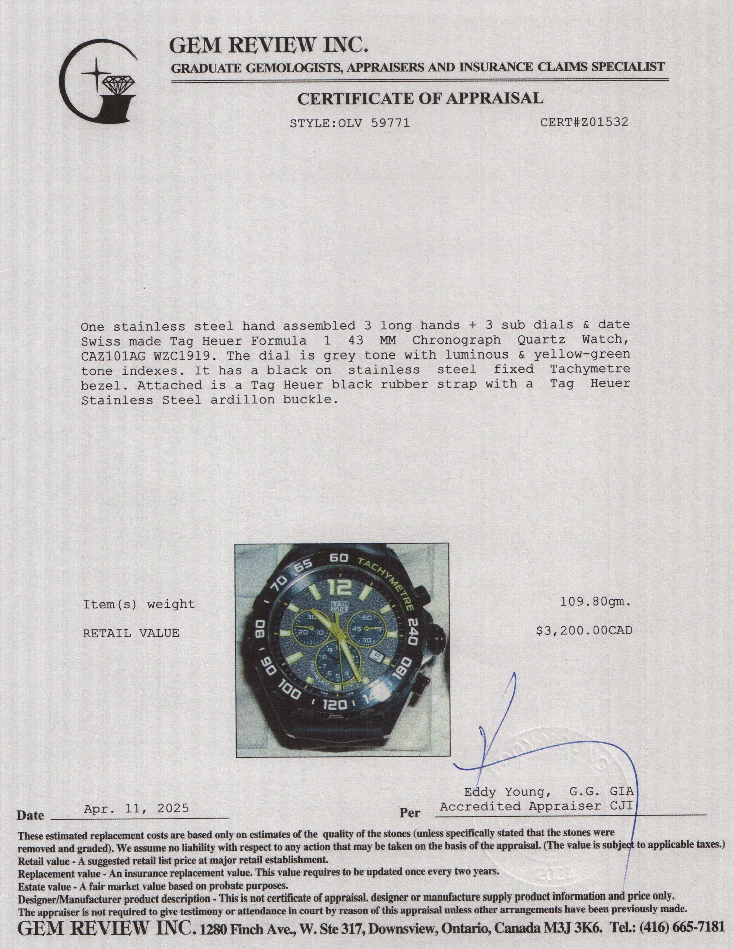 Tag Heuer Stainless Steel Formula 1 43 MM Chronograph Quartz Watch CAZ101AG w/ Box, Papers & Extra Strap