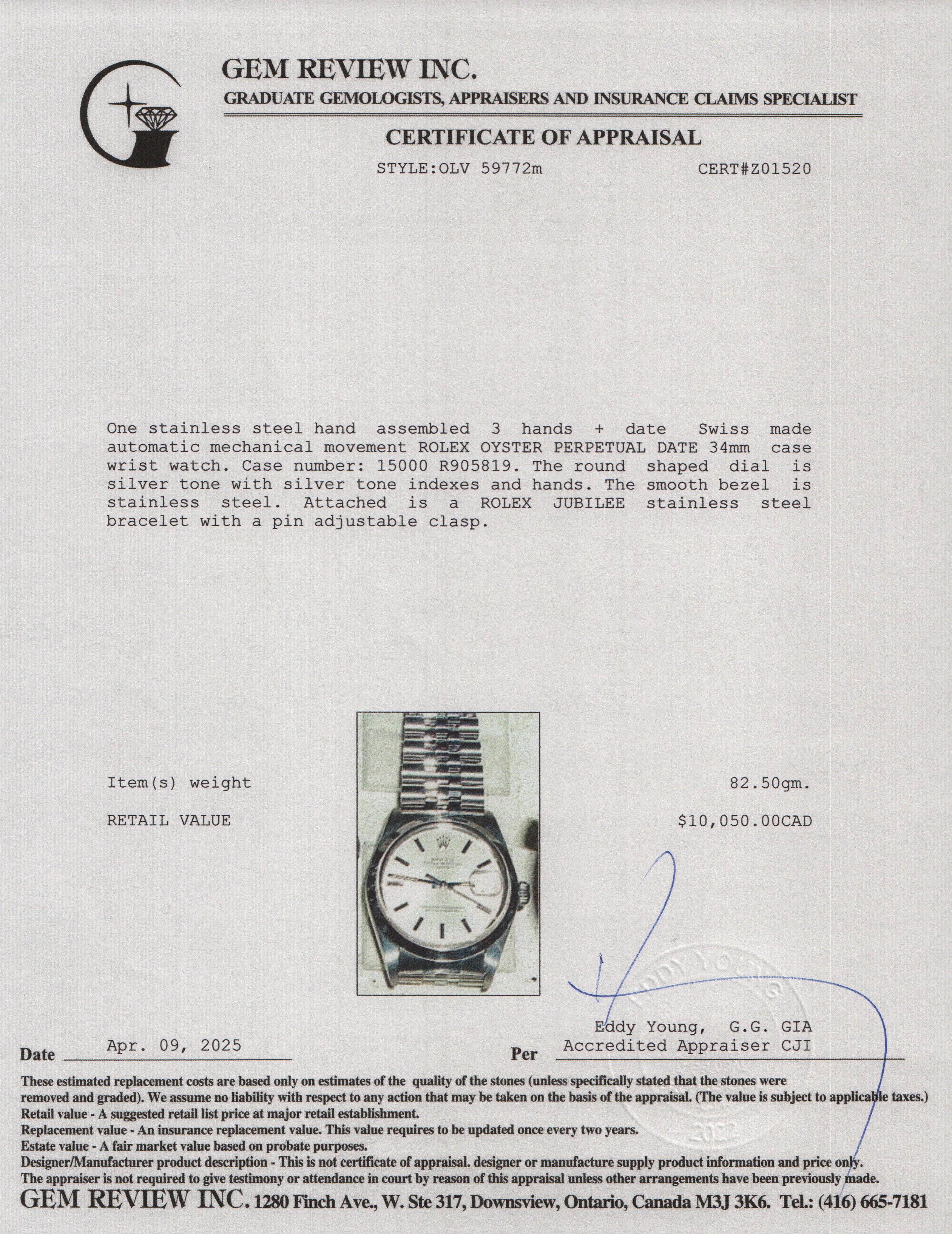 Rolex Stainless Steel Oyster Perpetual Date 34 MM Watch Silver Dial 15000 w/ Box