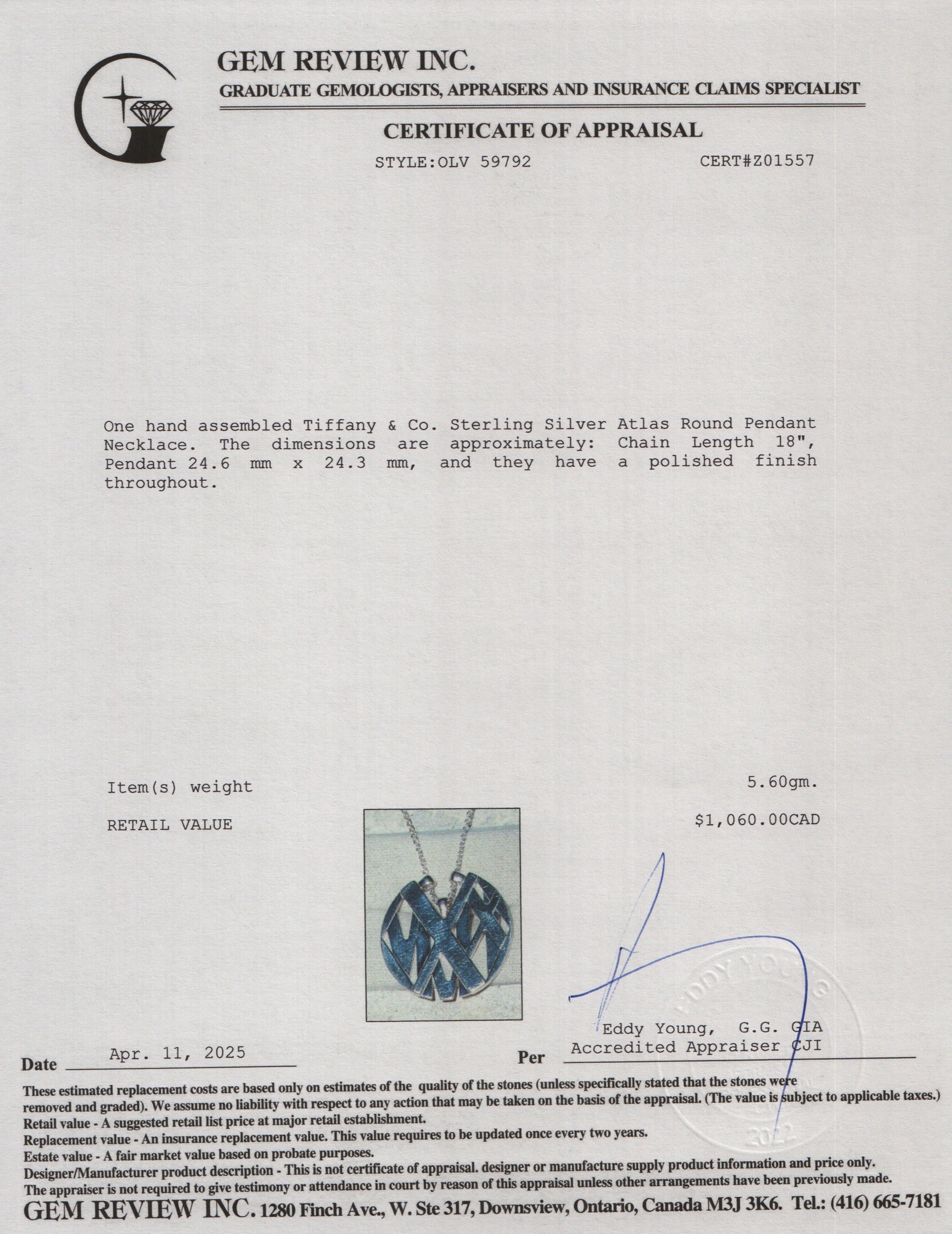 Tiffany & Co. Sterling Silver Atlas Round Pendant Necklace