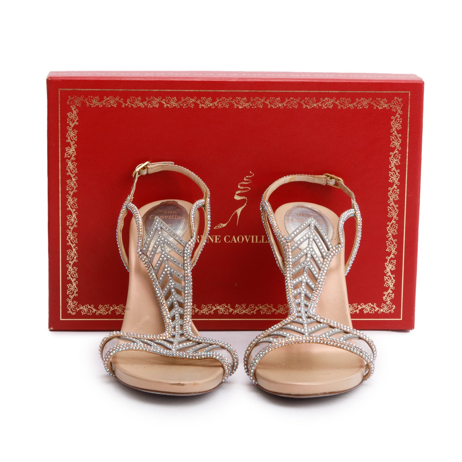 Rene Caovilla Nude Satin Crystal Embellished Sandals, Size 36