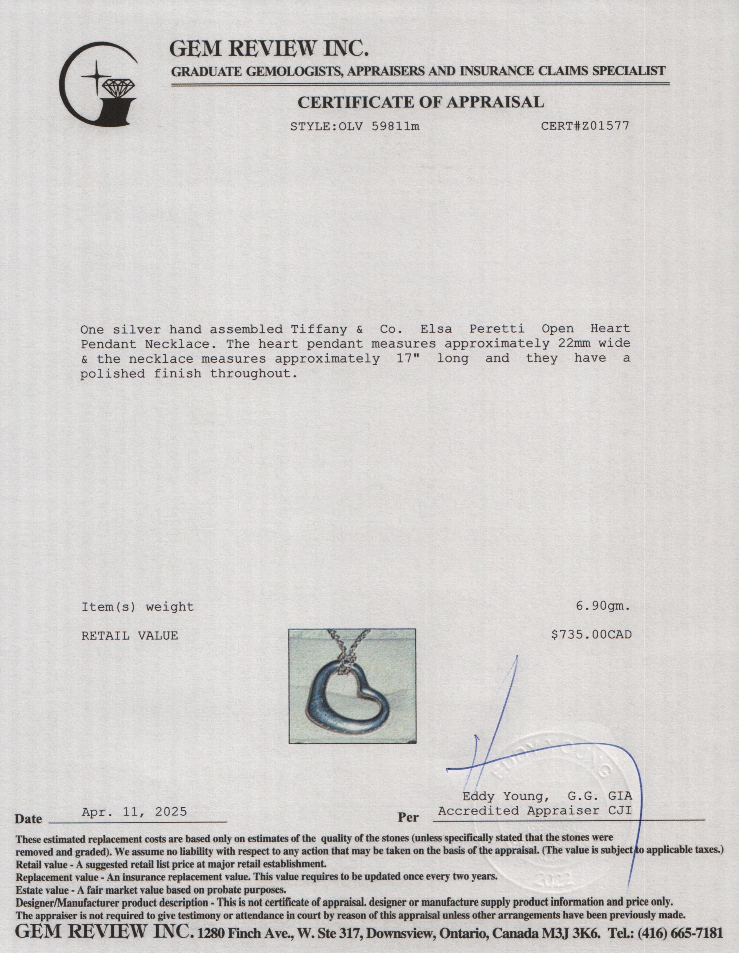 Tiffany & Co. Elsa Peretti Sterling Silver Open Heart Pendant Necklace, 22 MM