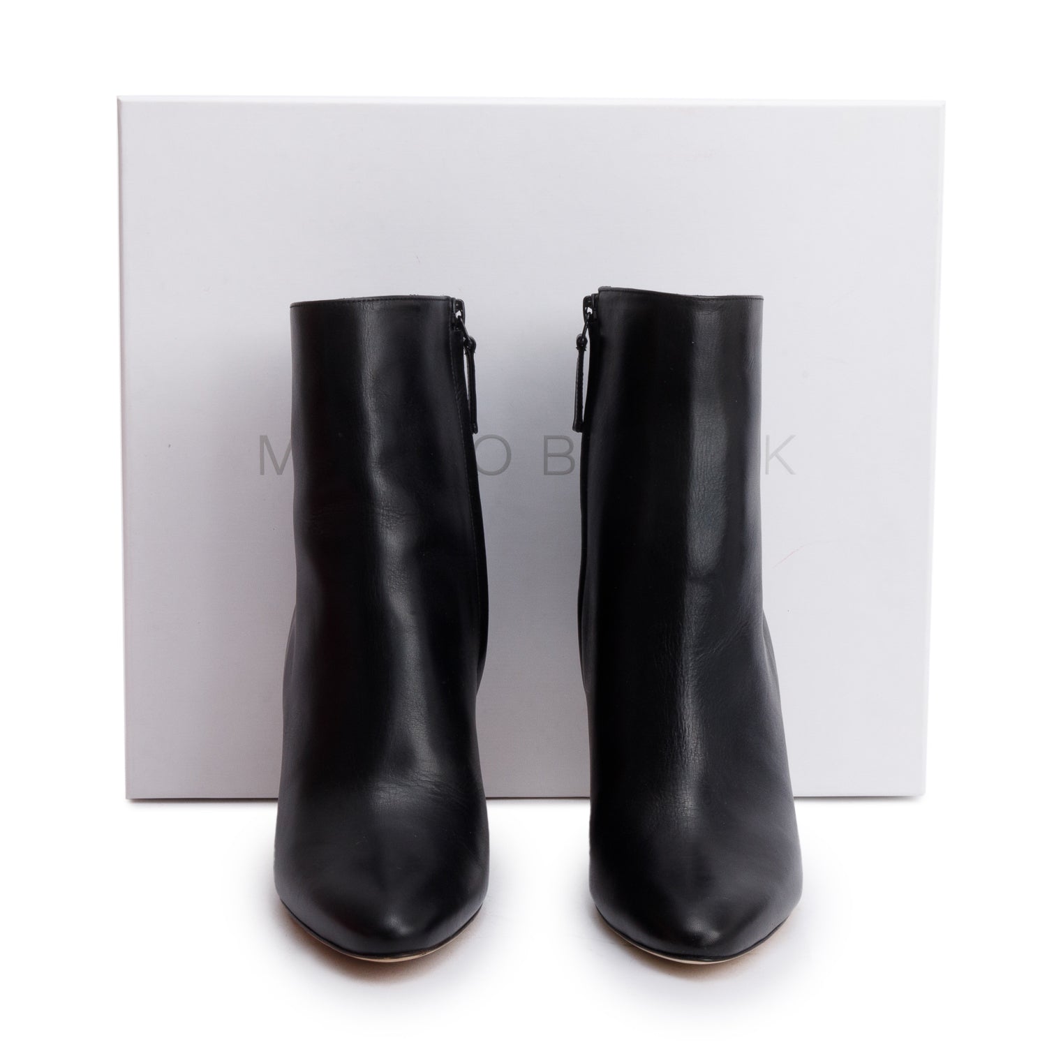 Manolo Blahnik Black Calfskin Leather Pointed Toe Ankle Boots, Size 37.5