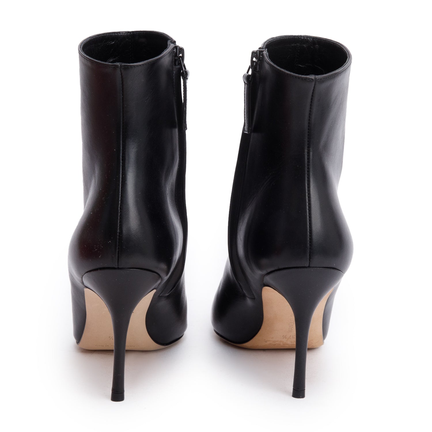 Manolo Blahnik Black Calfskin Leather Pointed Toe Ankle Boots, Size 37.5