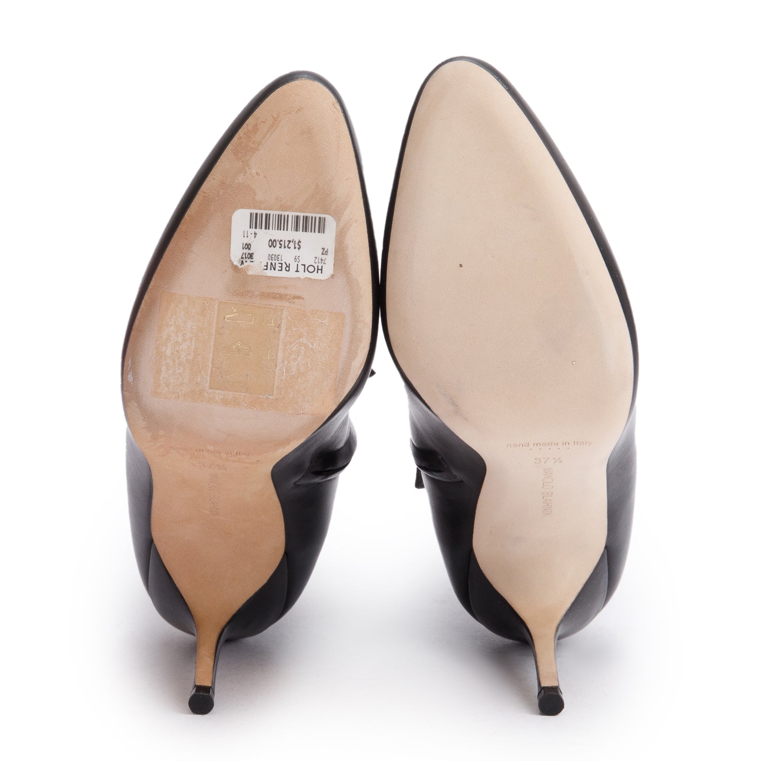 Manolo Blahnik Black Calfskin Leather Pointed Toe Ankle Boots, Size 37.5