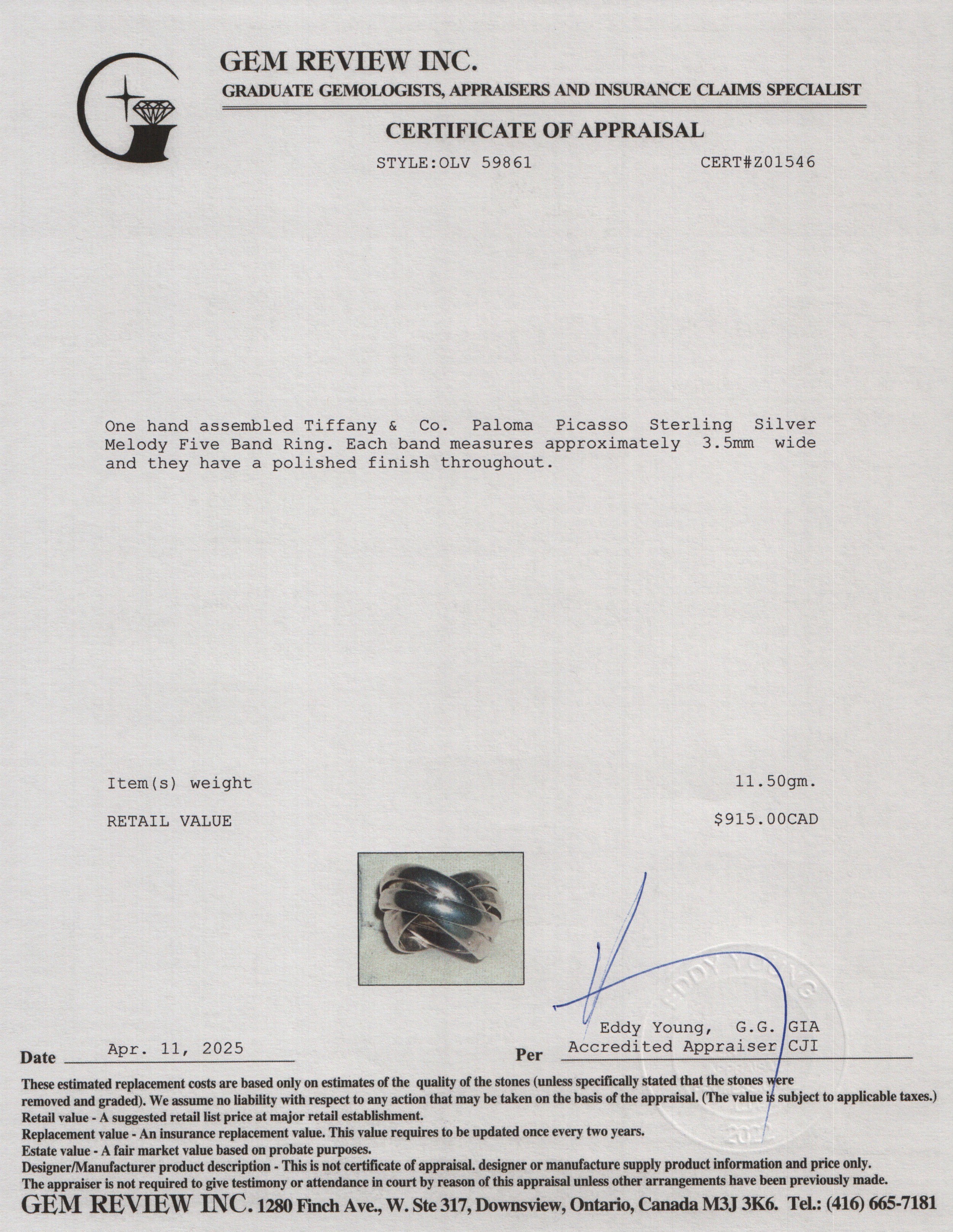 Tiffany & Co. Paloma Picasso Sterling Silver Melody Five Band Ring, Size 7.5