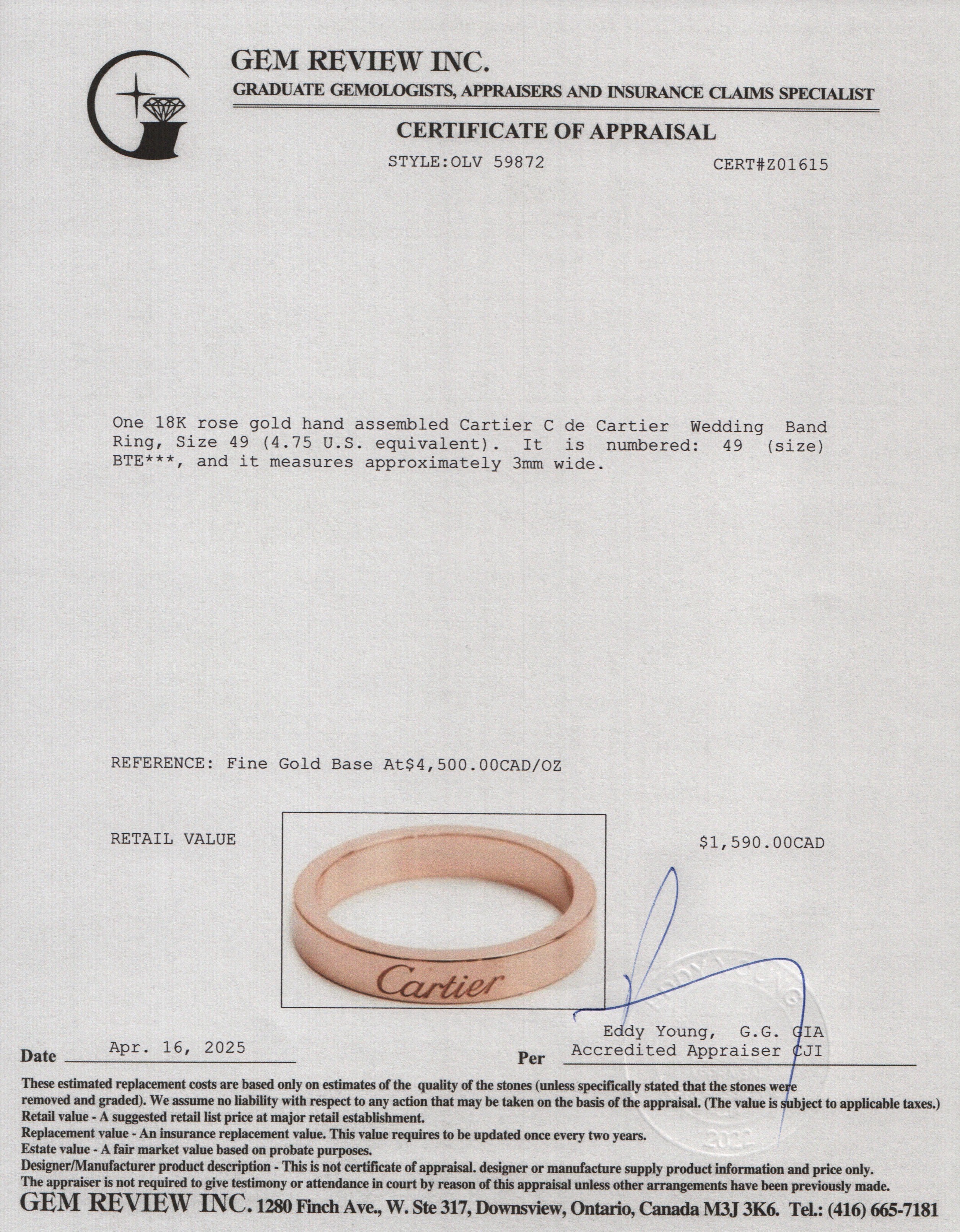 Cartier 18k Rose Gold C de Cartier 3 MM Wedding Band Ring, Size 49 4.75