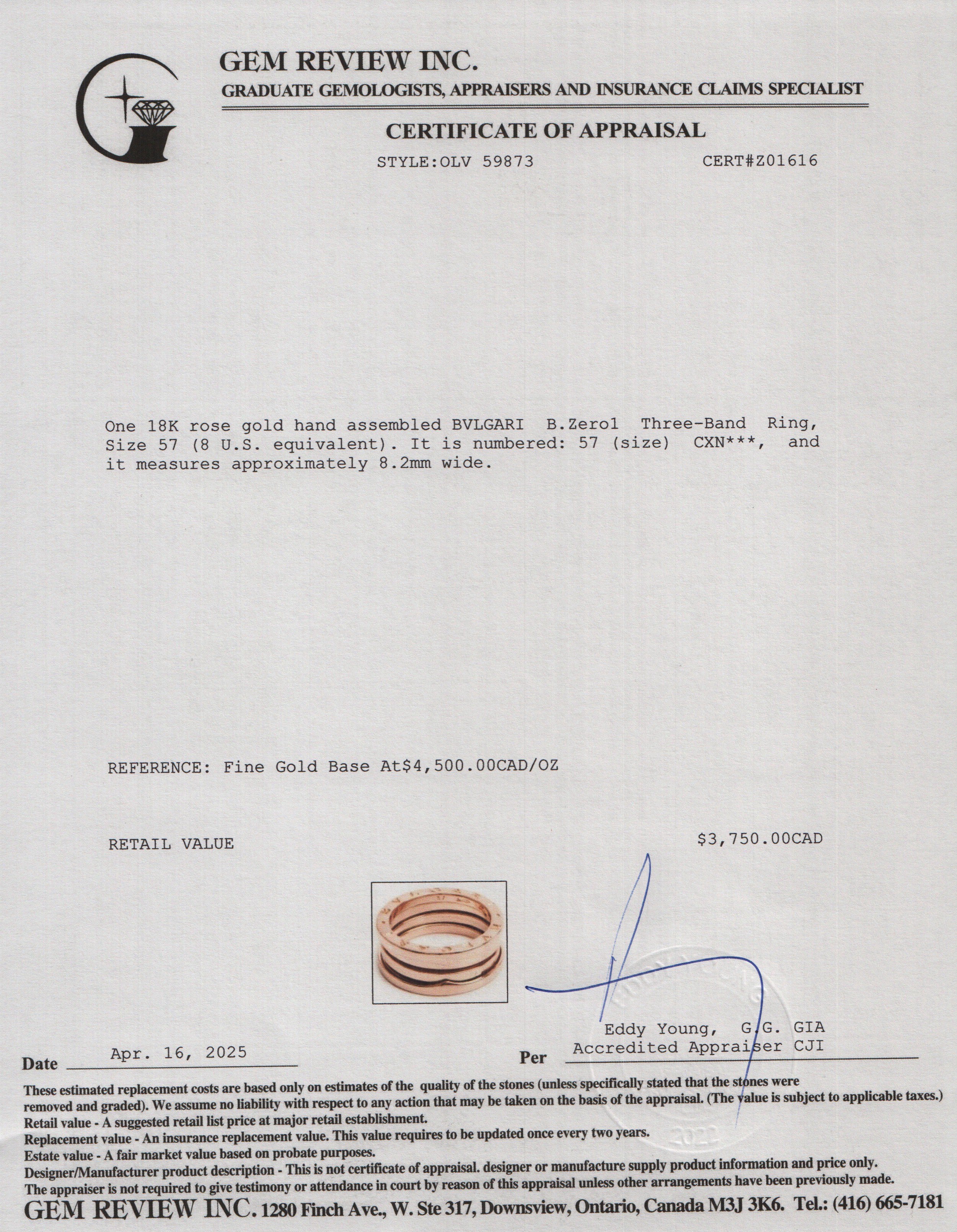 BVLGARI 18k Rose Gold B.Zero1 Three-Band Ring, Size 57 8 w/ Box