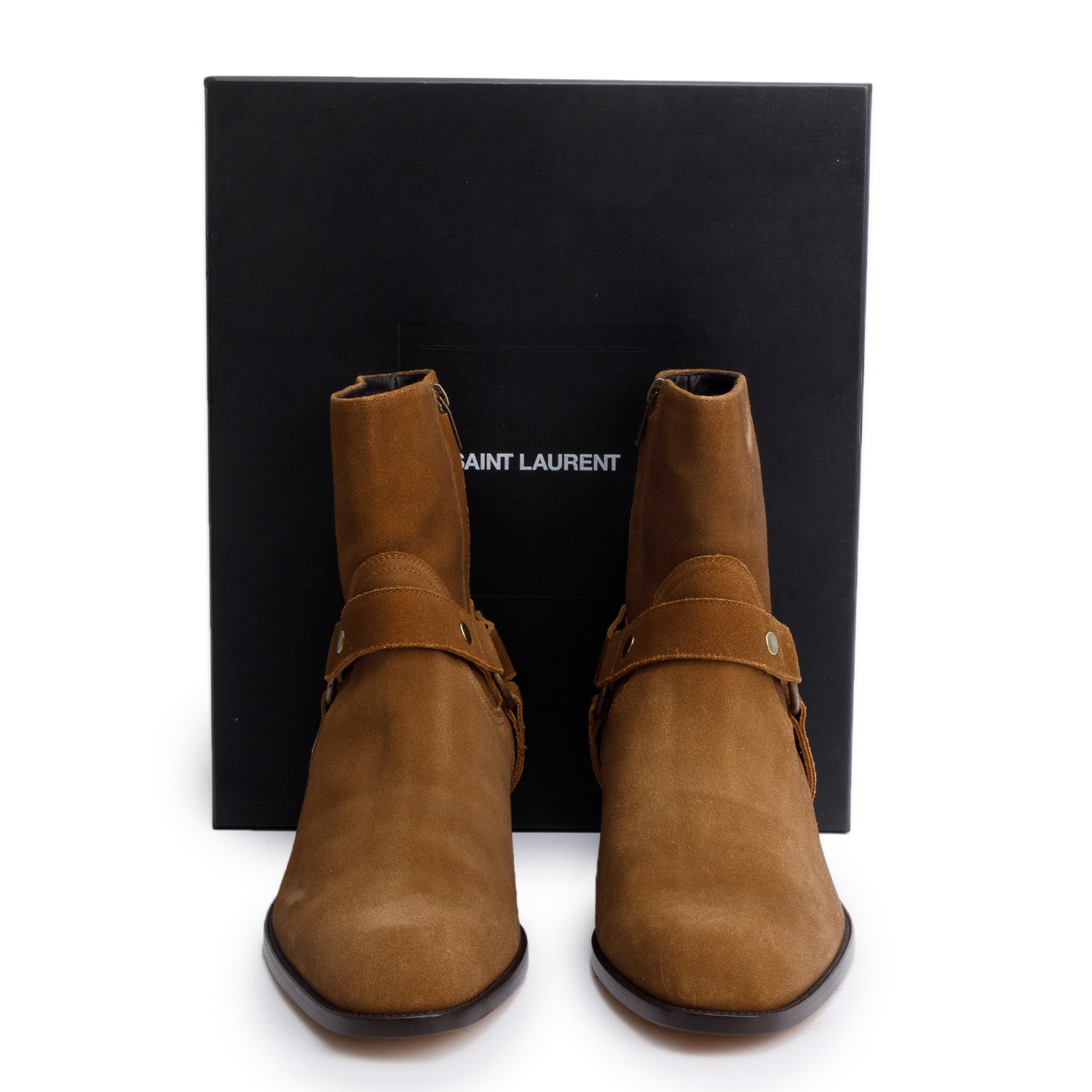 Saint Laurent Brown Suede Wyatt Harnes Ankle Boots, Size 44 w/ Box