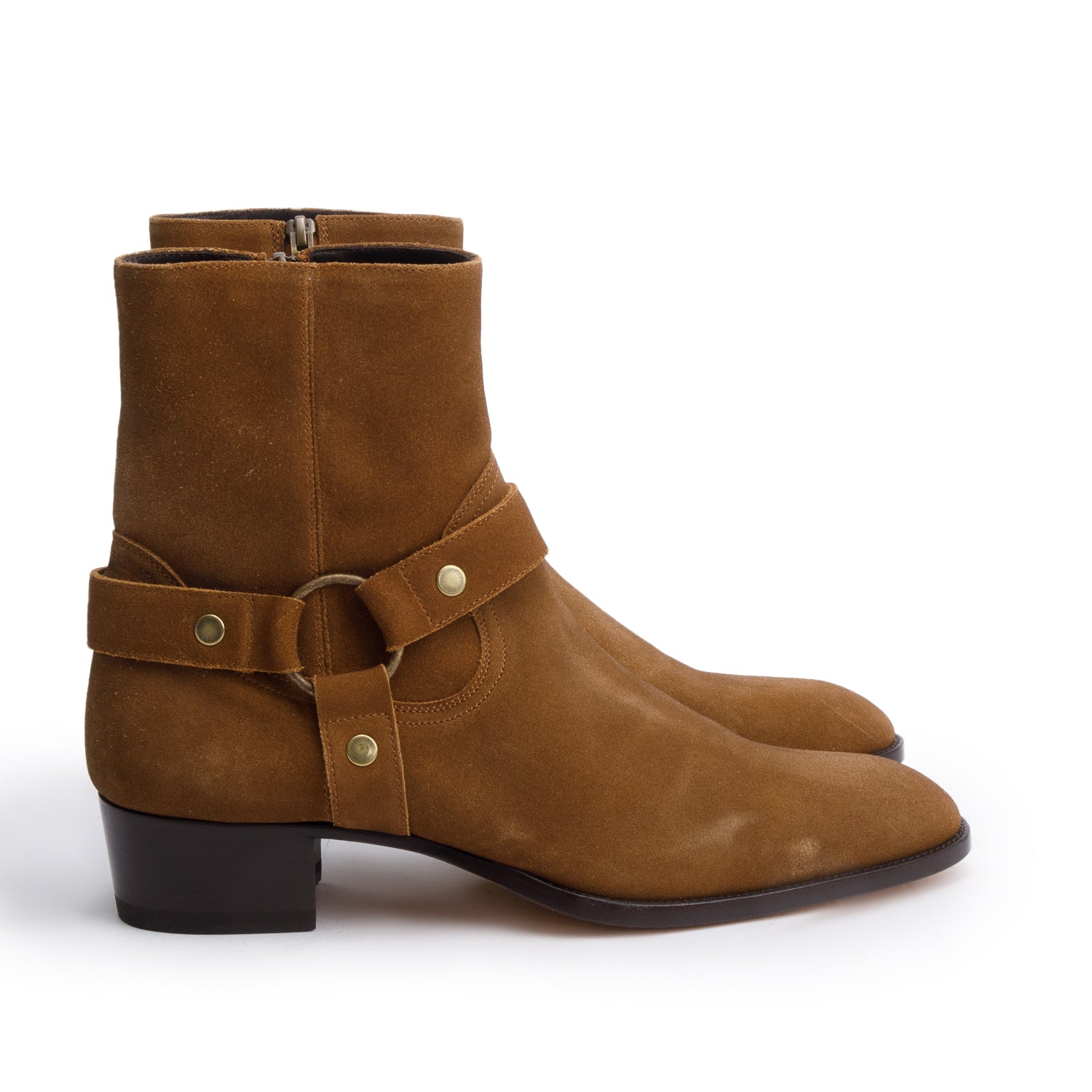 Saint Laurent Brown Suede Wyatt Harnes Ankle Boots, Size 44 w/ Box