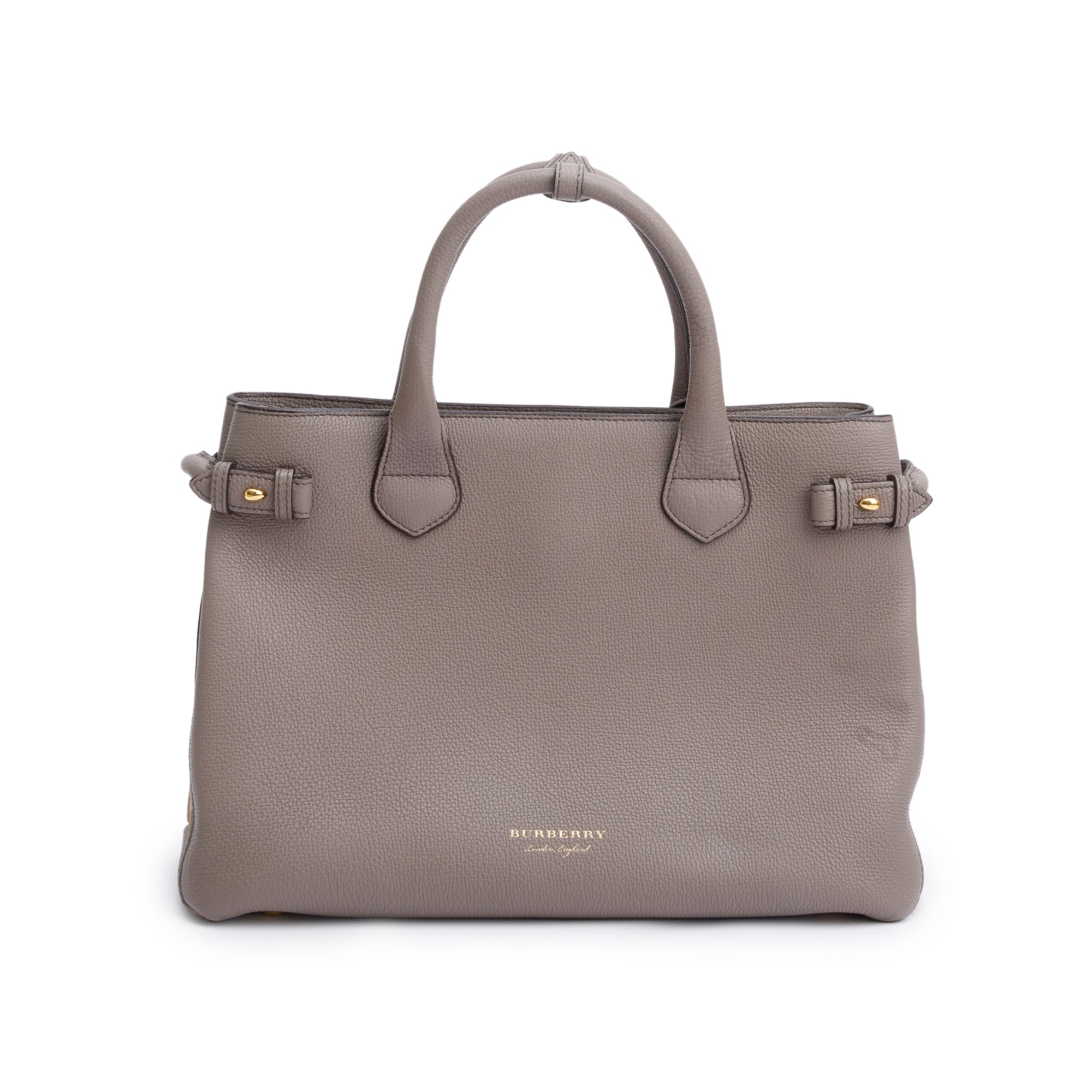 Burberry Grey Calfskin Leather House Check Medium Banner Tote w/ Strap