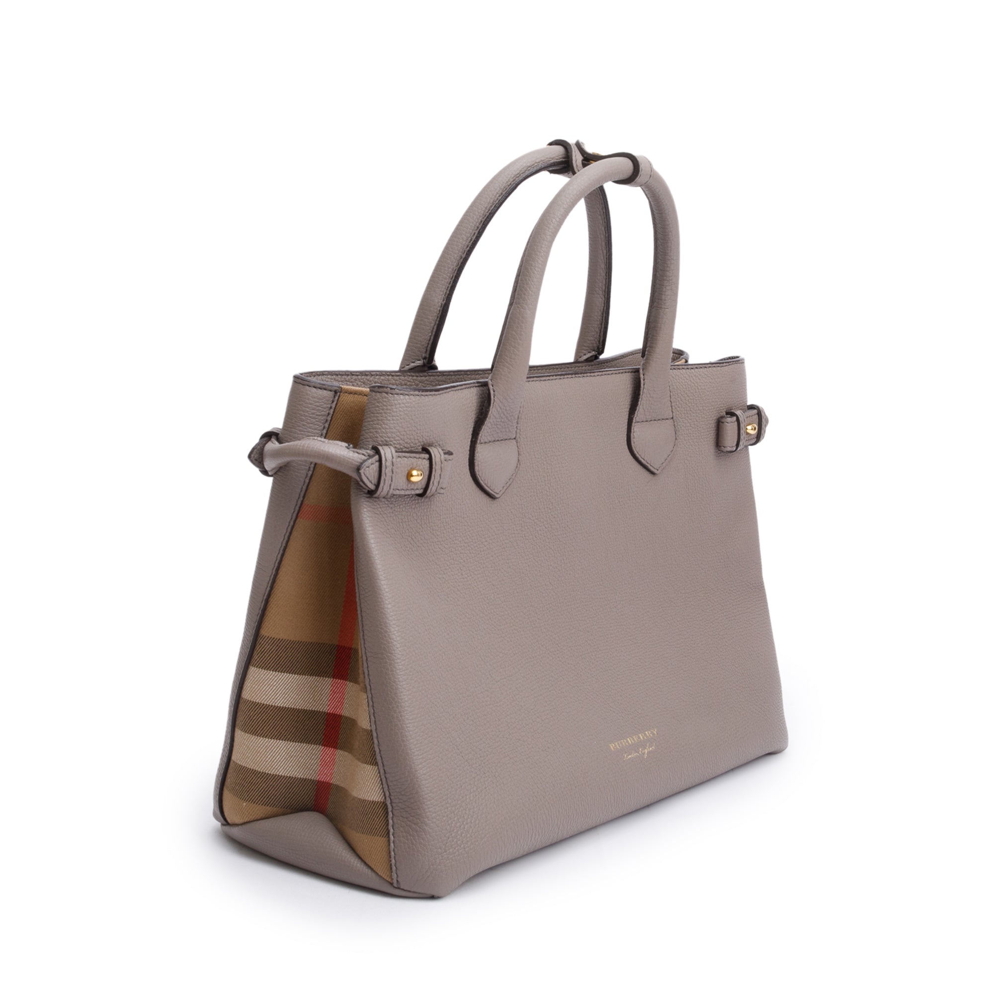 Burberry Grey Calfskin Leather House Check Medium Banner Tote w/ Strap