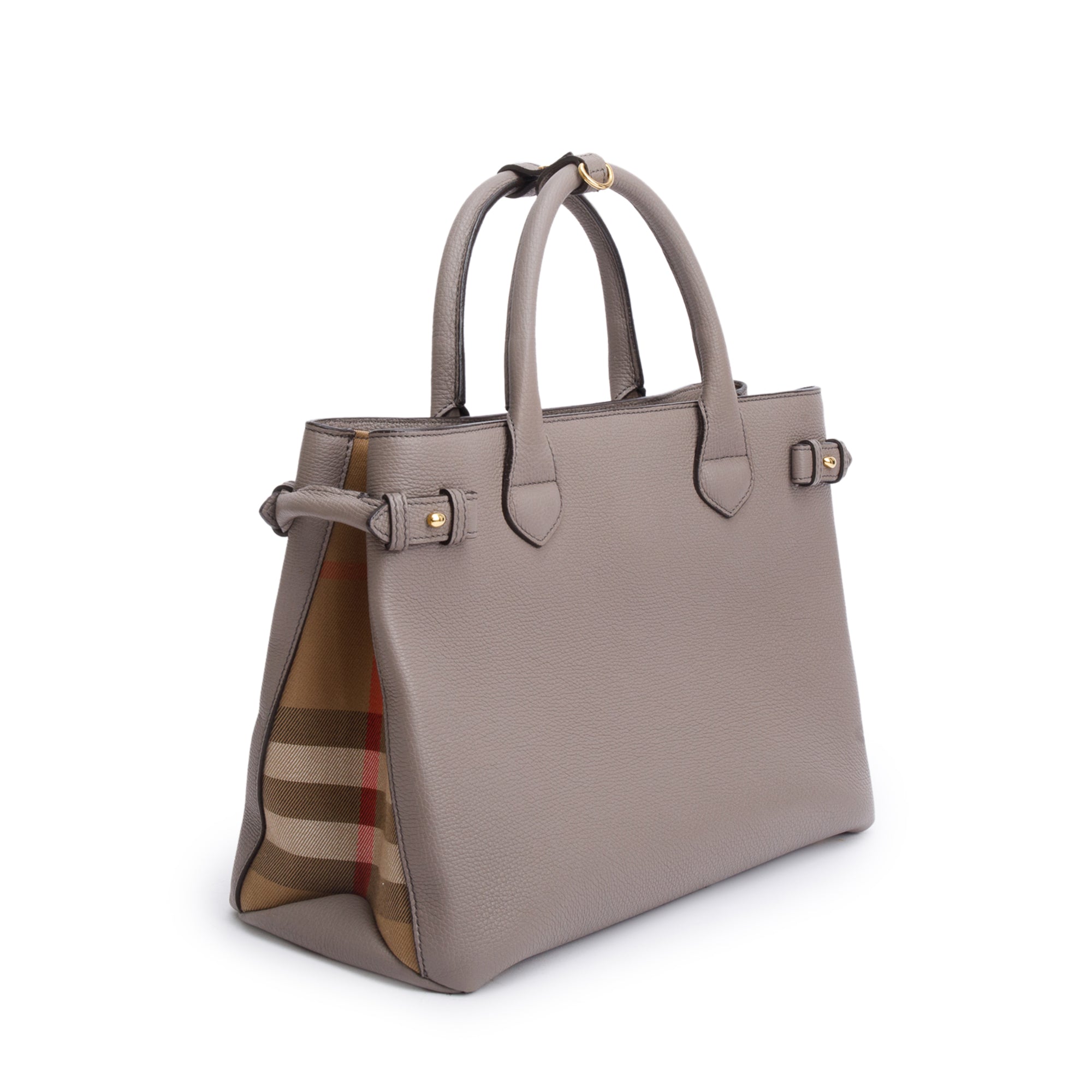 Burberry Grey Calfskin Leather House Check Medium Banner Tote w/ Strap