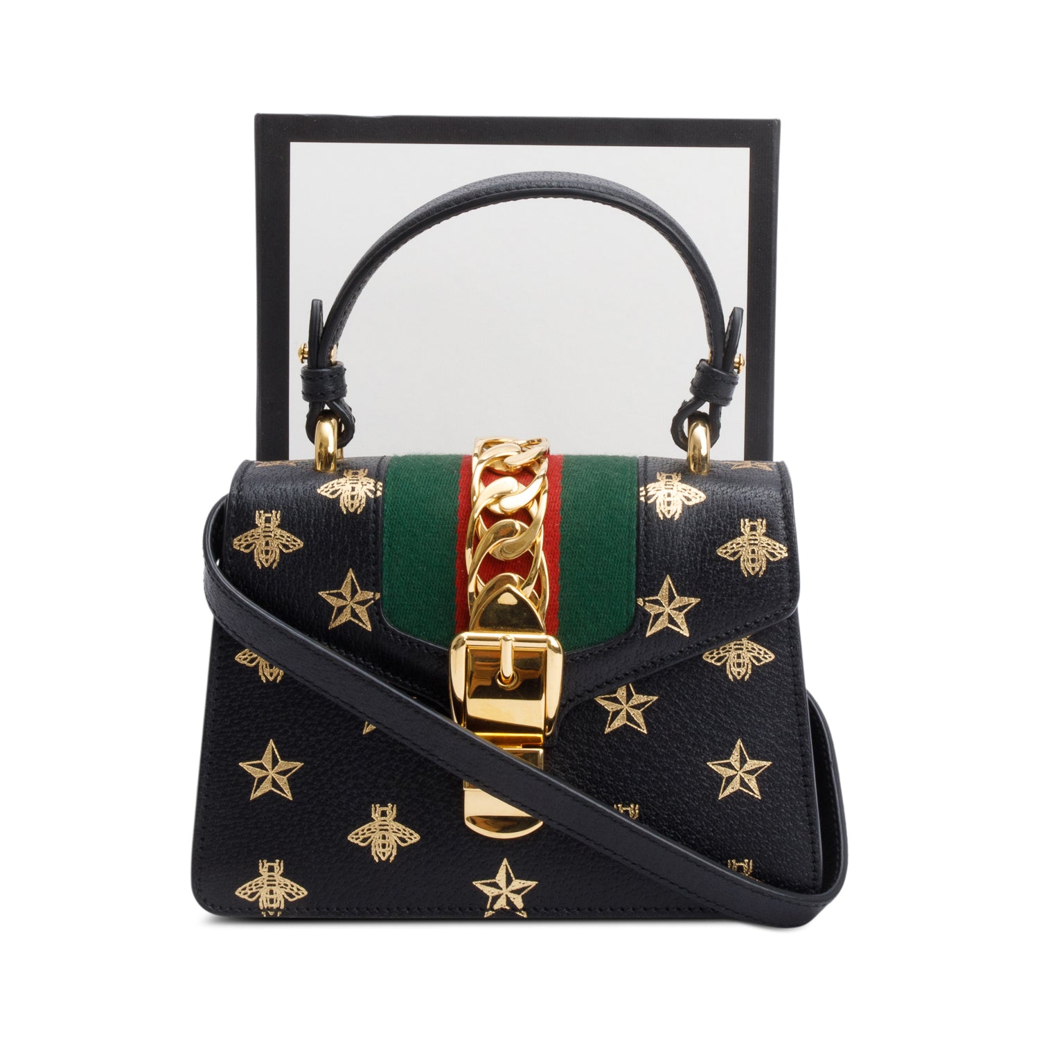 Gucci Black Calfskin Leather Bee Star Mini Top Handle Bag w/ Strap & Box