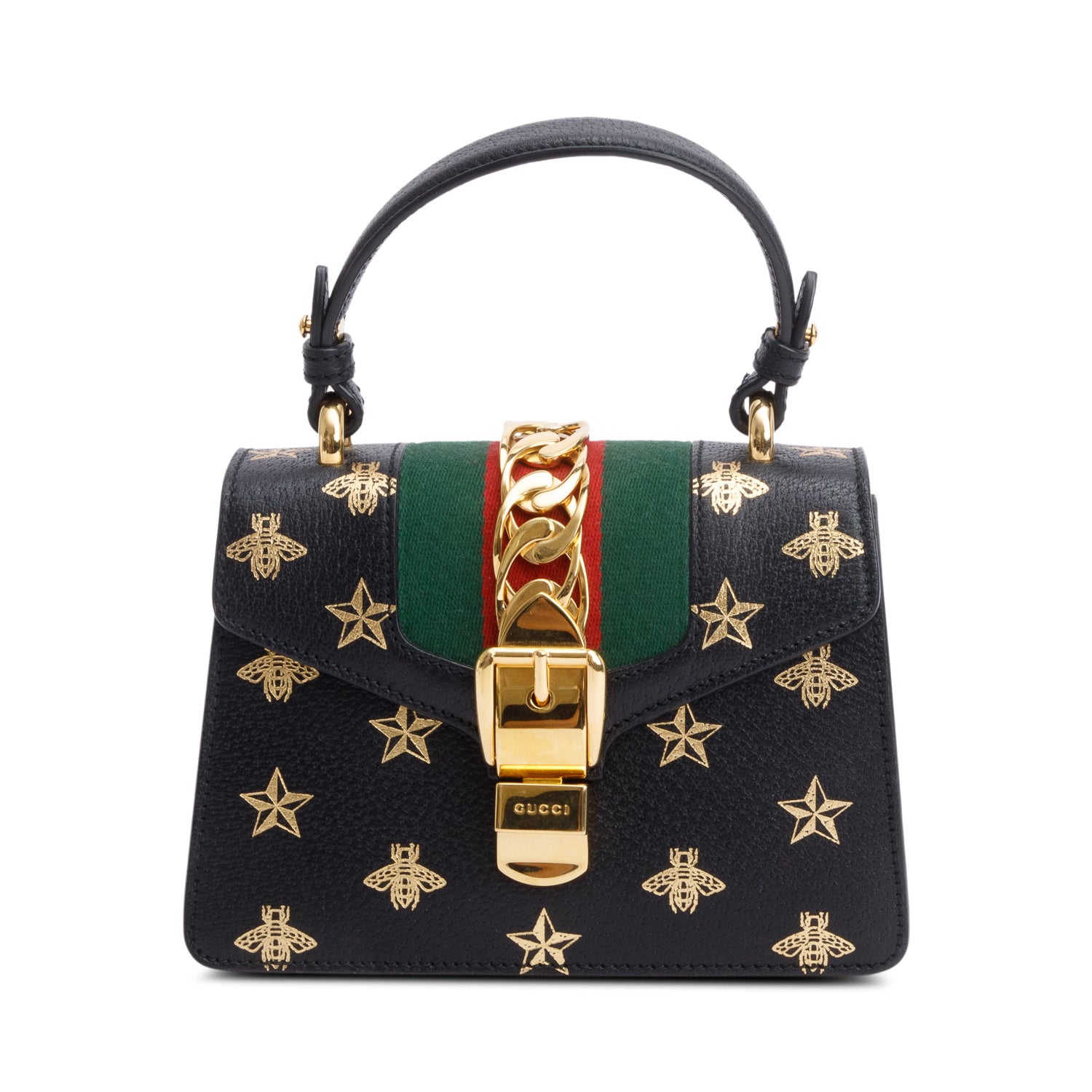 Gucci Black Calfskin Leather Bee Star Mini Top Handle Bag w/ Strap & Box
