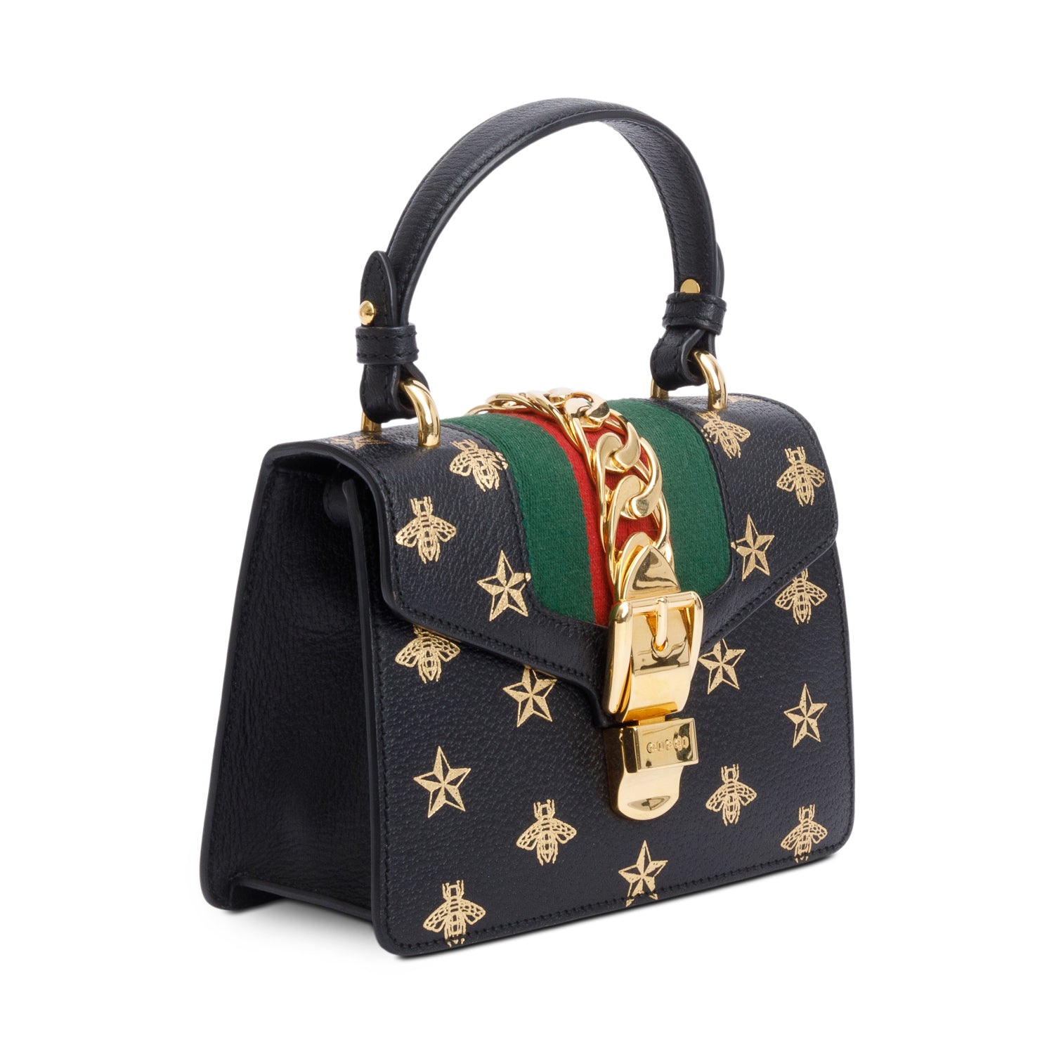 Gucci Black Calfskin Leather Bee Star Mini Top Handle Bag w/ Strap & Box