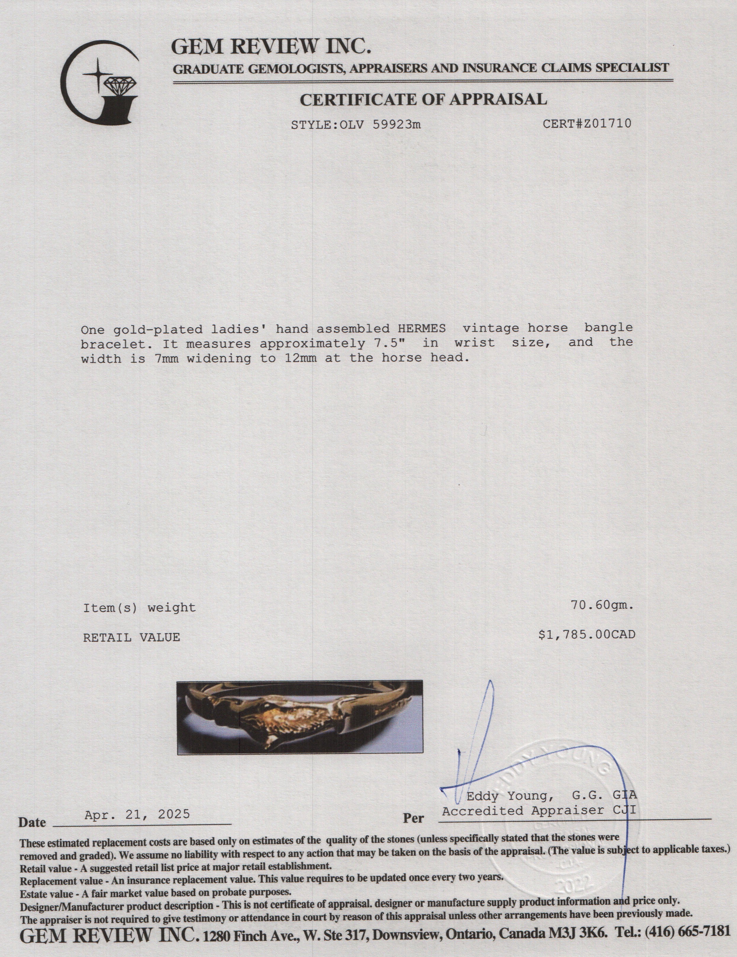 Hermes Gold-Plated Horse Head Bangle Bracelet