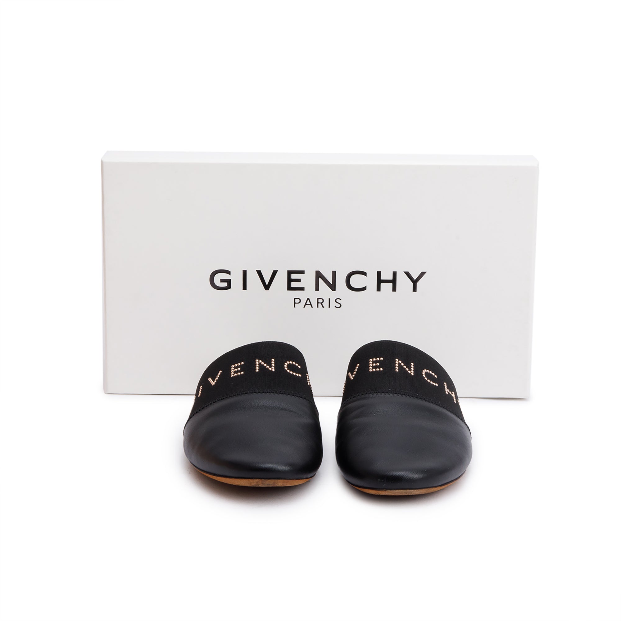 Givenchy Black Leather Logo Bedford Mules, Size 38 w/ Box