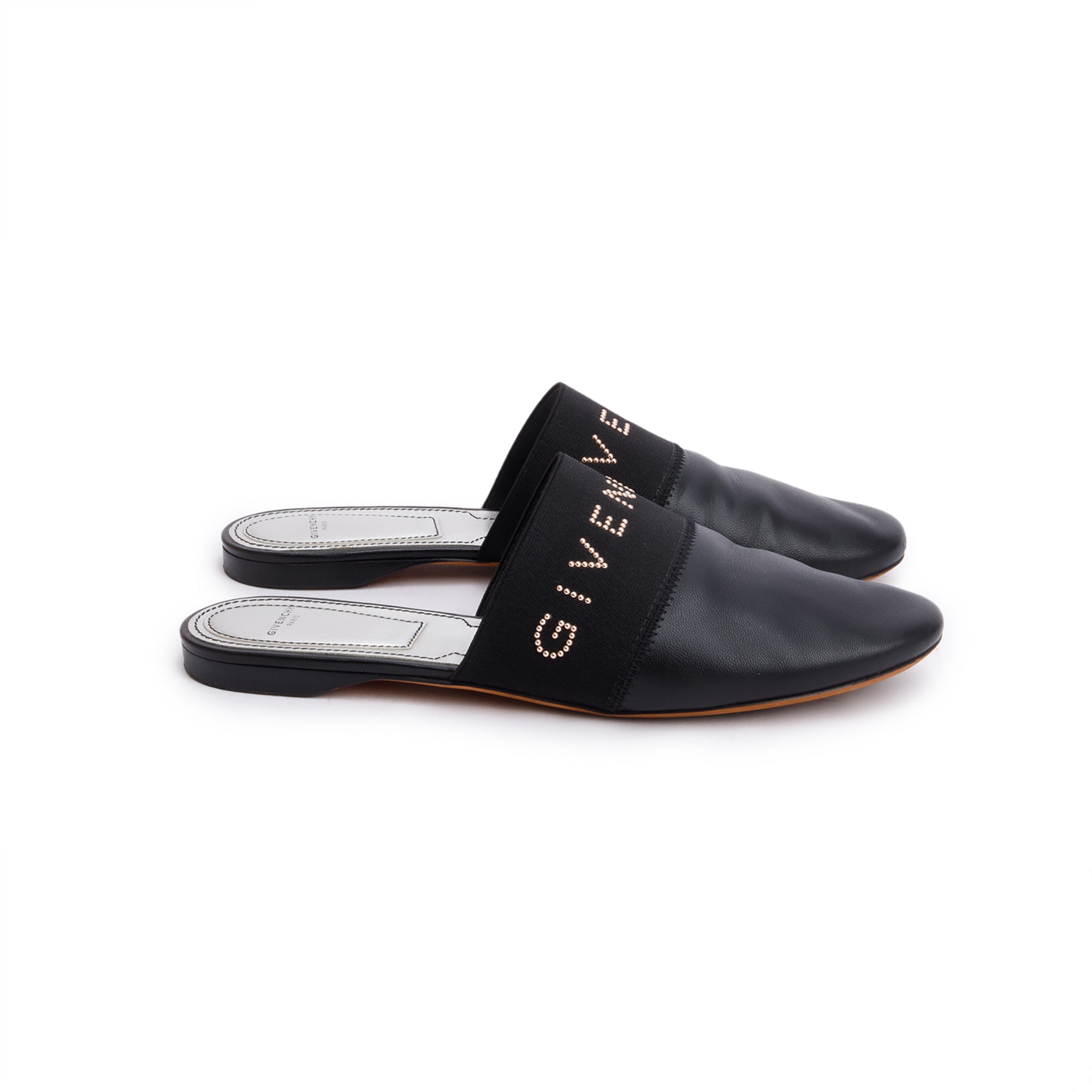 Givenchy Black Leather Logo Bedford Mules, Size 38 w/ Box