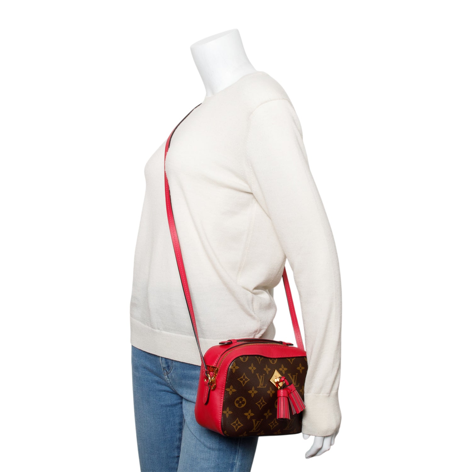 Louis Vuitton Red Leather Trim Monogram Saintonge Bag