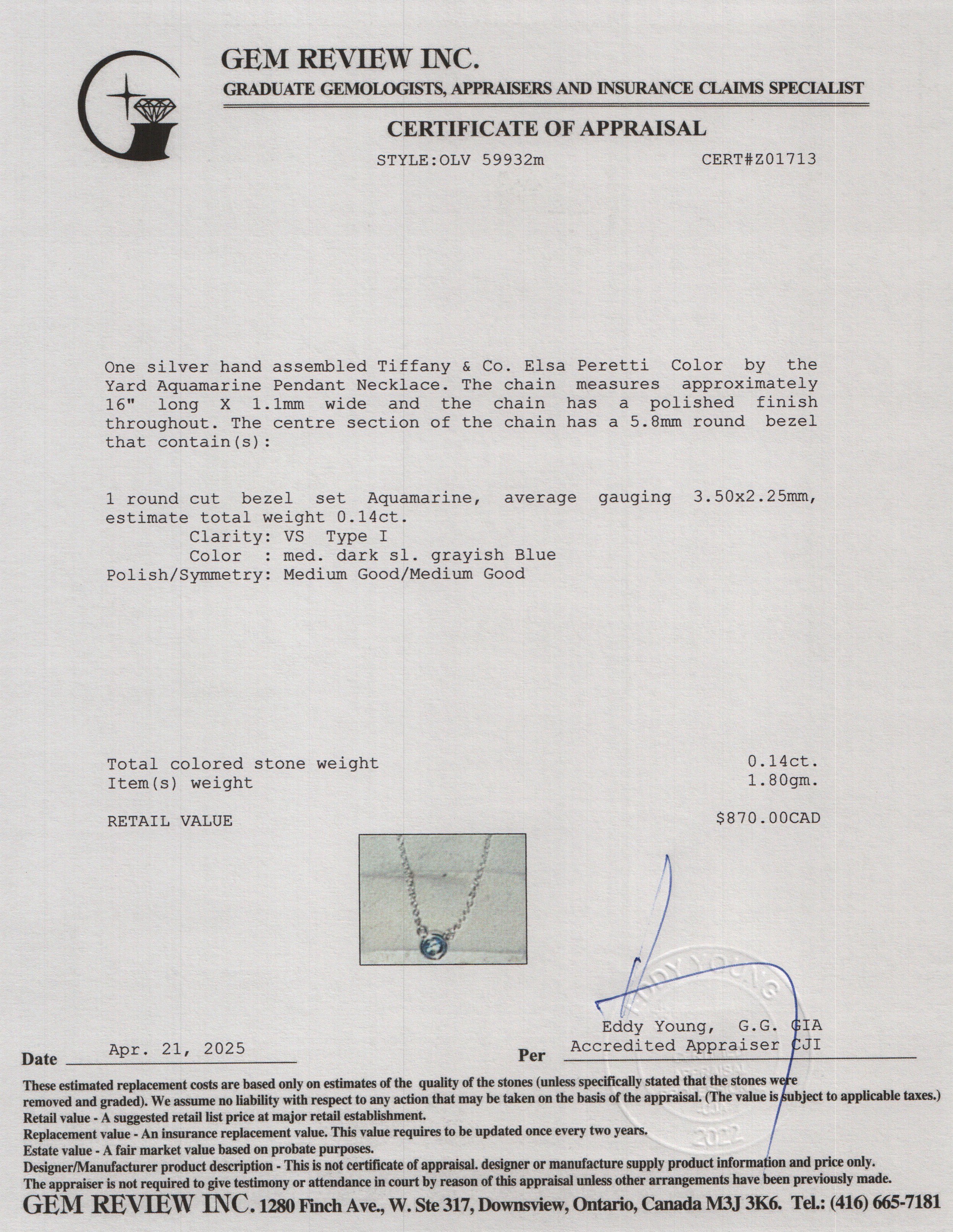 Tiffany & Co. Elsa Peretti Sterling Silver Color by the Yard Aquamarine Pendant Necklace w/ Box