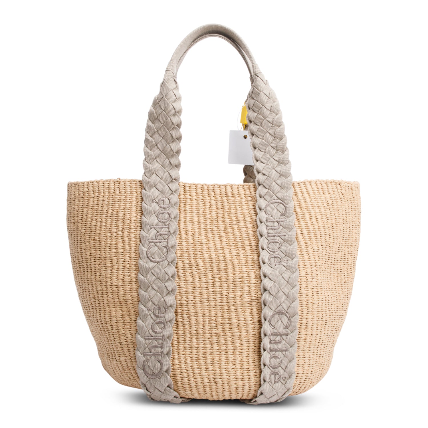 Chloe Brown/Grey Raffia Straw Bucket Tote w/ Authenticity Card