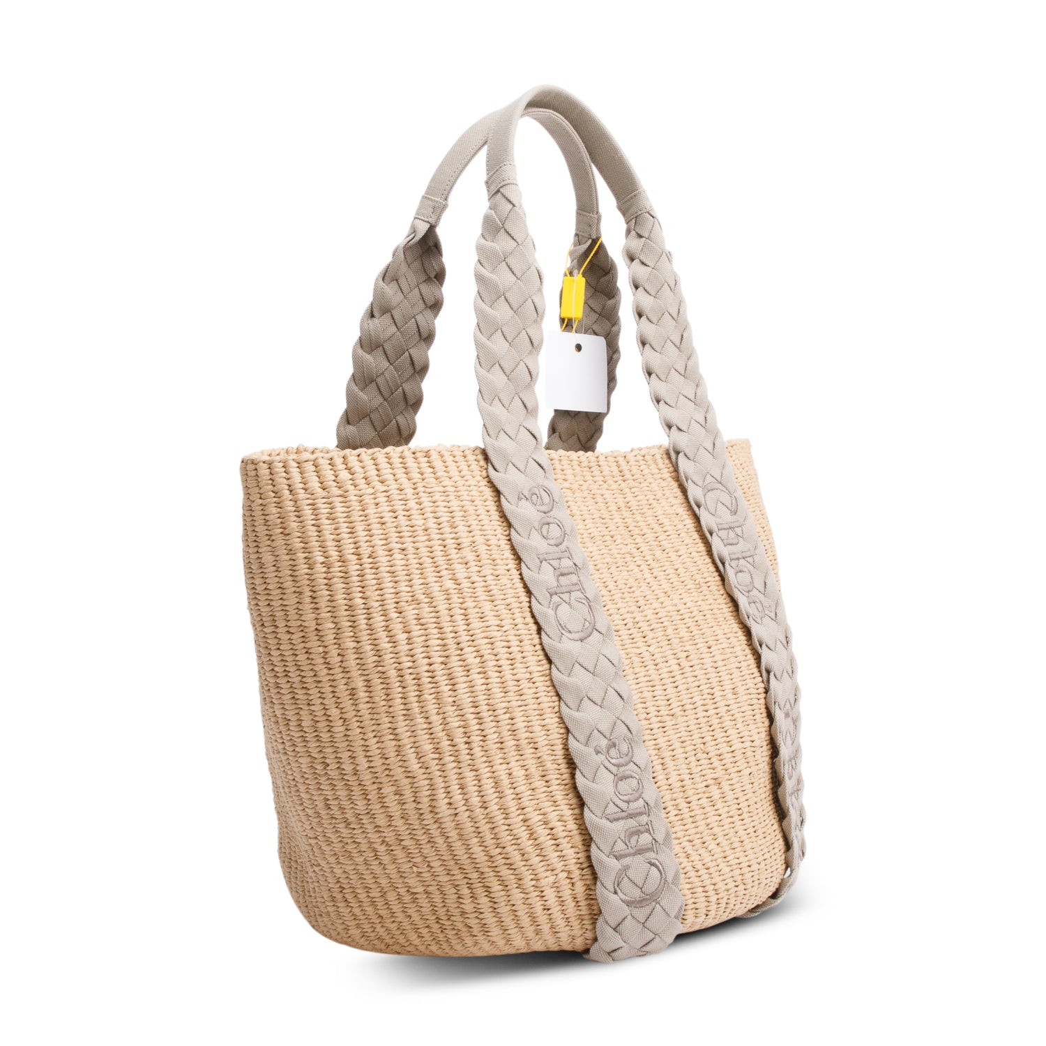 Chloe Brown/Grey Raffia Straw Bucket Tote w/ Authenticity Card