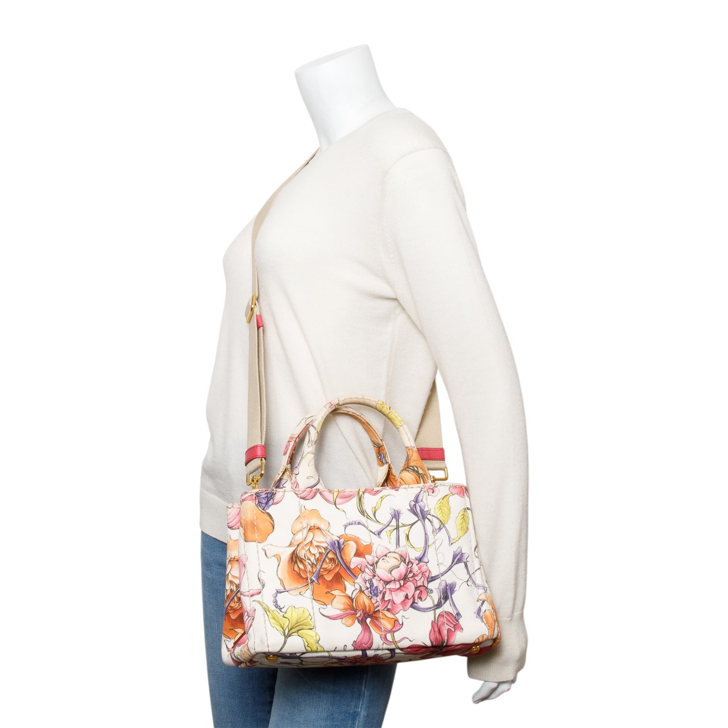 Prada Multicolor Floral Print Canvas Small Canapa Logo Tote w/ Strap & Authenticity Card