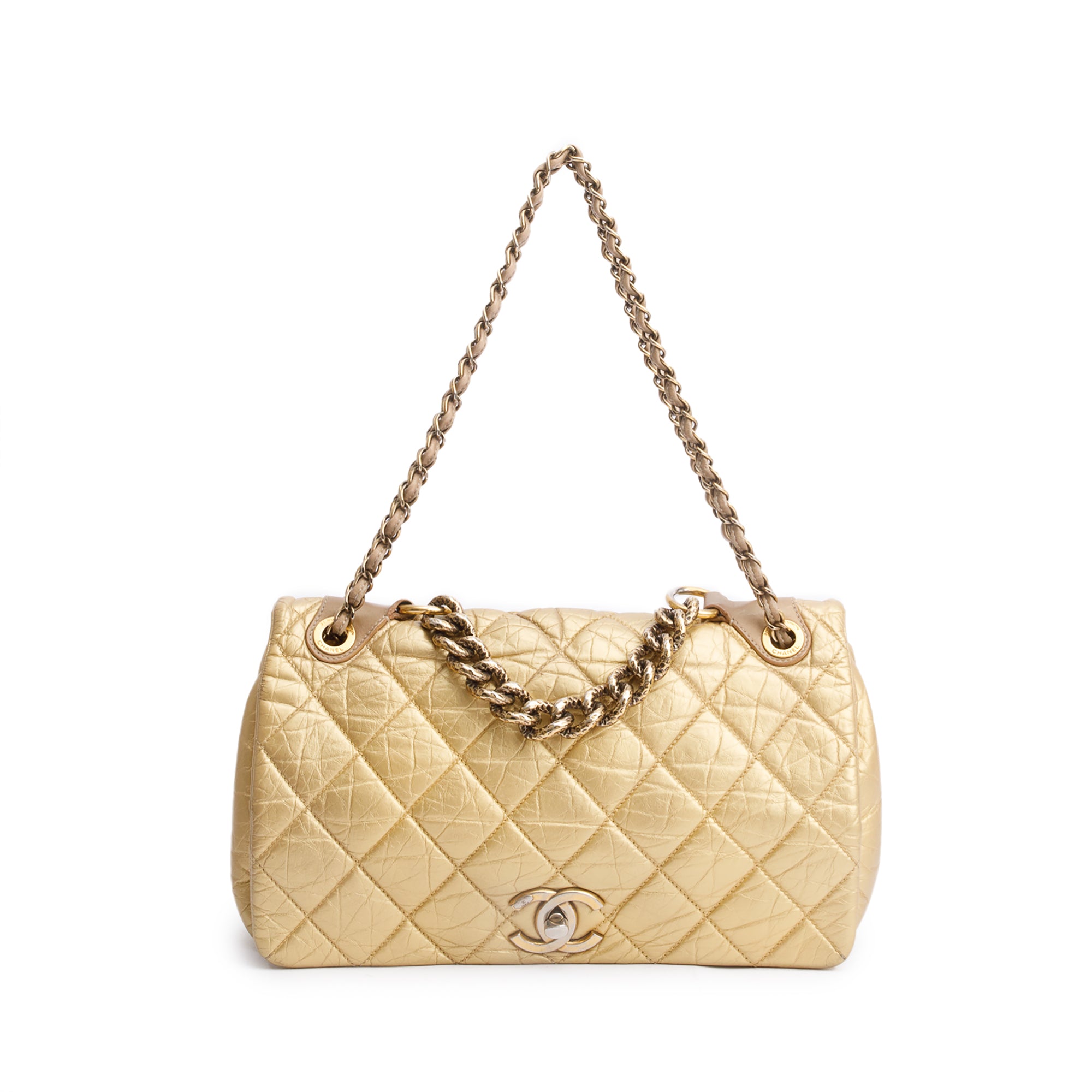 Chanel Metallic Gold Aged Calfskin Leather Small Pondicherry Flap Bag
