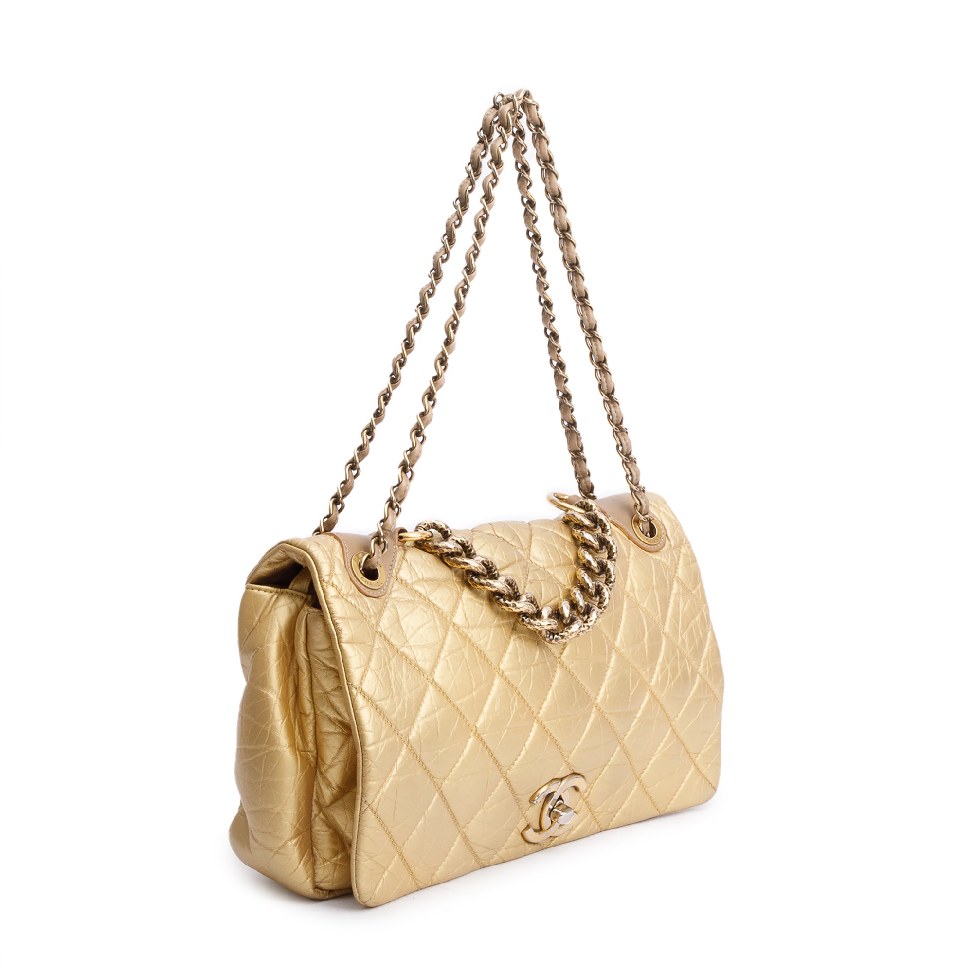 Chanel Metallic Gold Aged Calfskin Leather Small Pondicherry Flap Bag