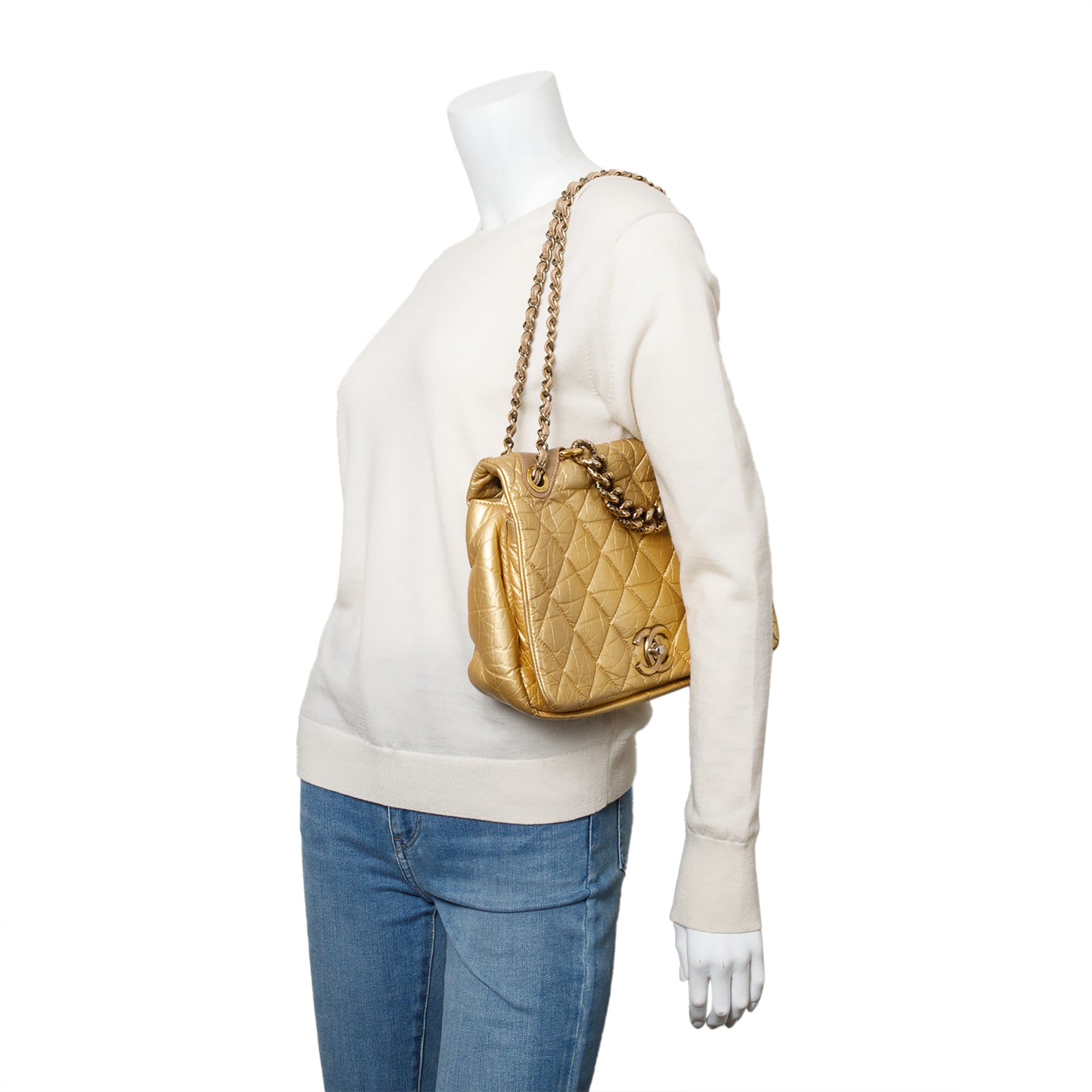 Chanel Metallic Gold Aged Calfskin Leather Small Pondicherry Flap Bag