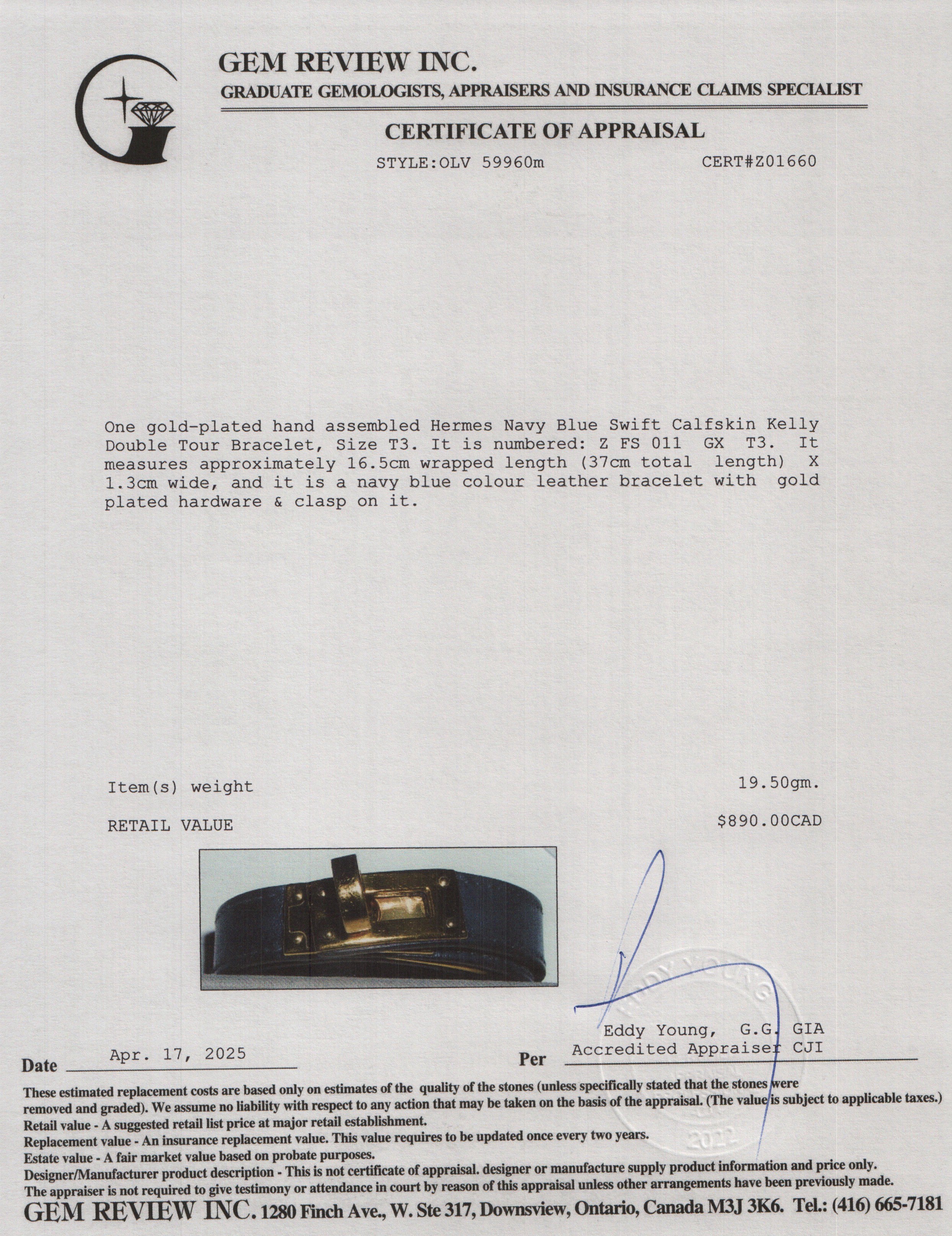 Hermes Gold Plated Navy Swift Calfskin Kelly Double Tour Bracelet, Size T3 w/ Box